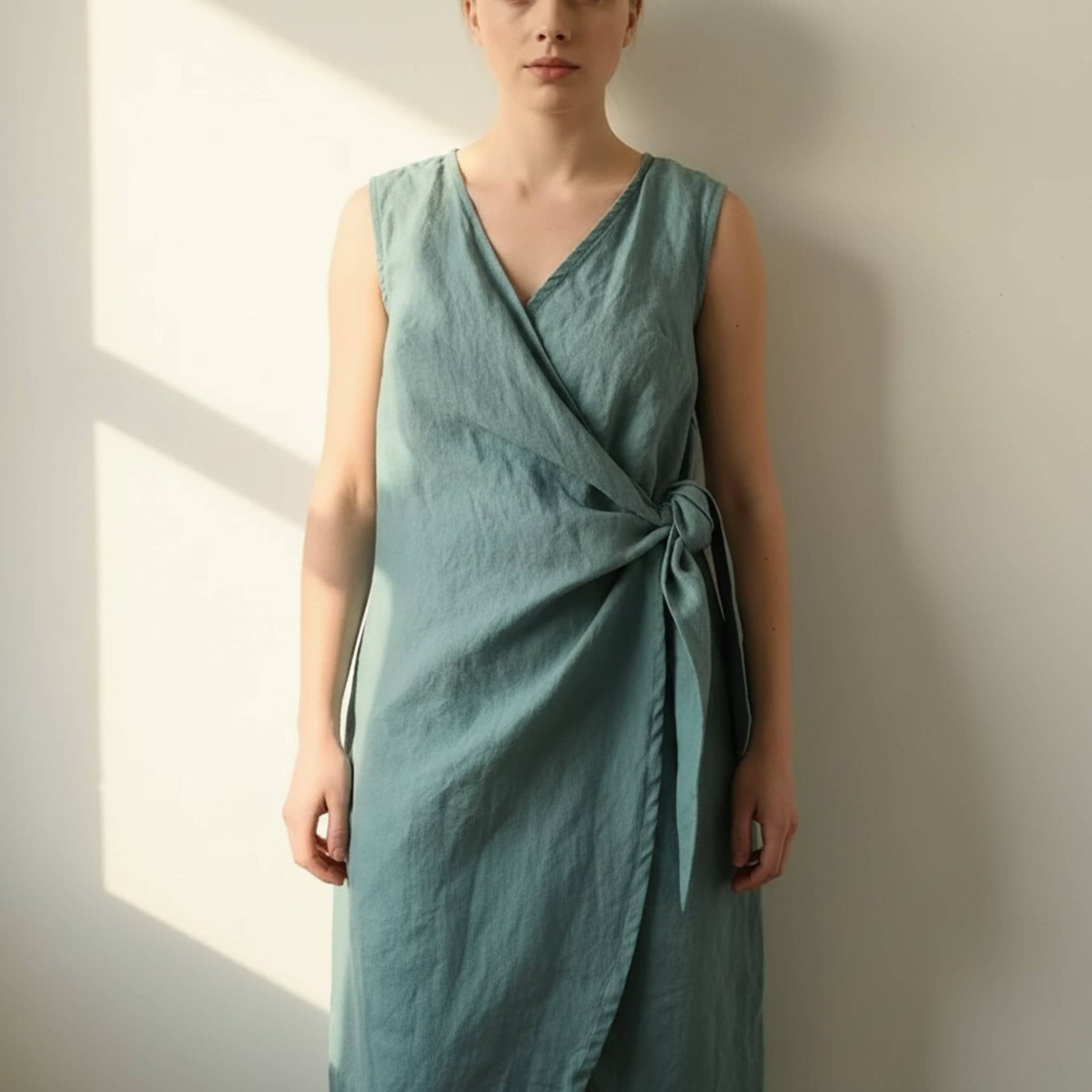 Wrap Linen Midi Dress, Side Tie Tulip Hem