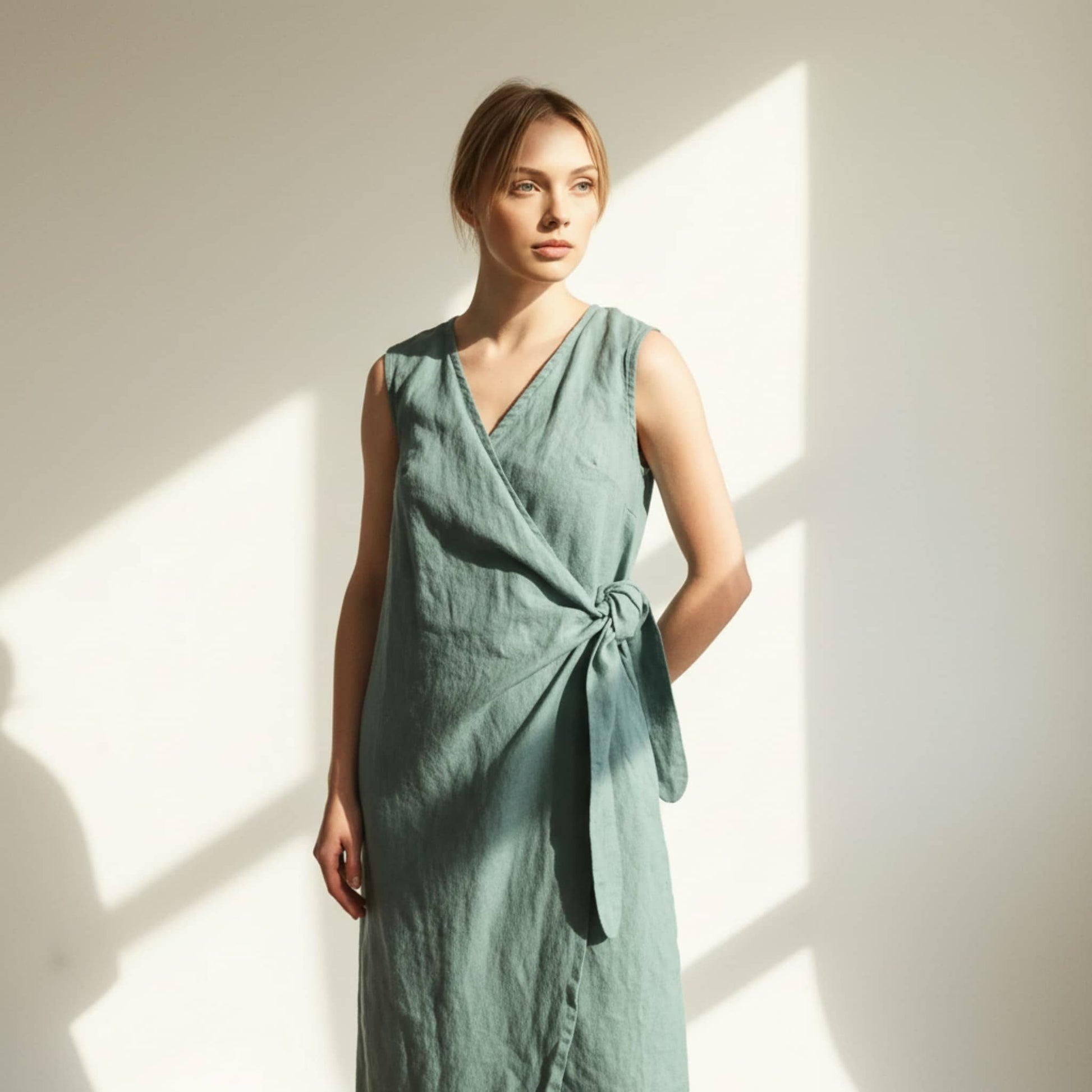 Wrap Linen Midi Dress, Side Tie Tulip Hem