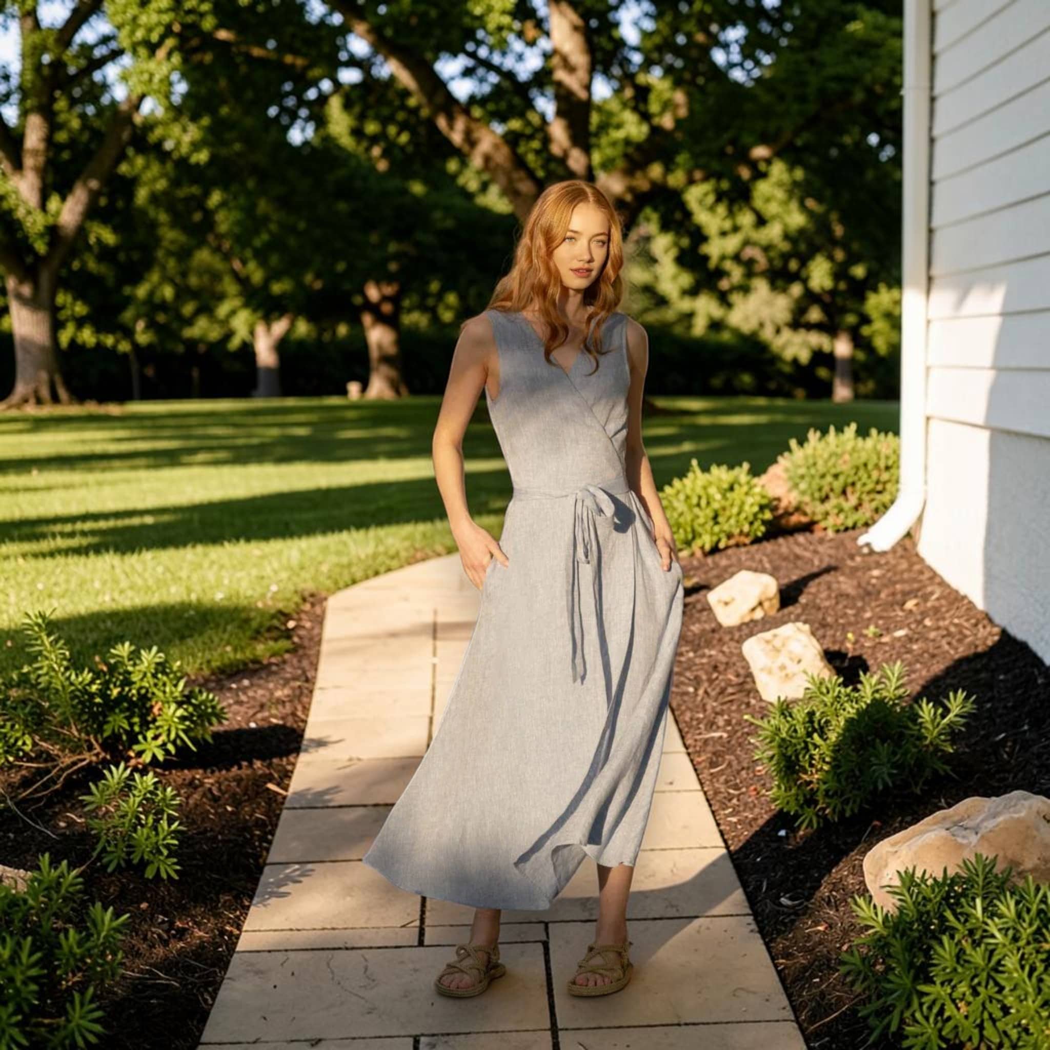 Wrap Linen Midi Dress, Sleeveless Tie Waist