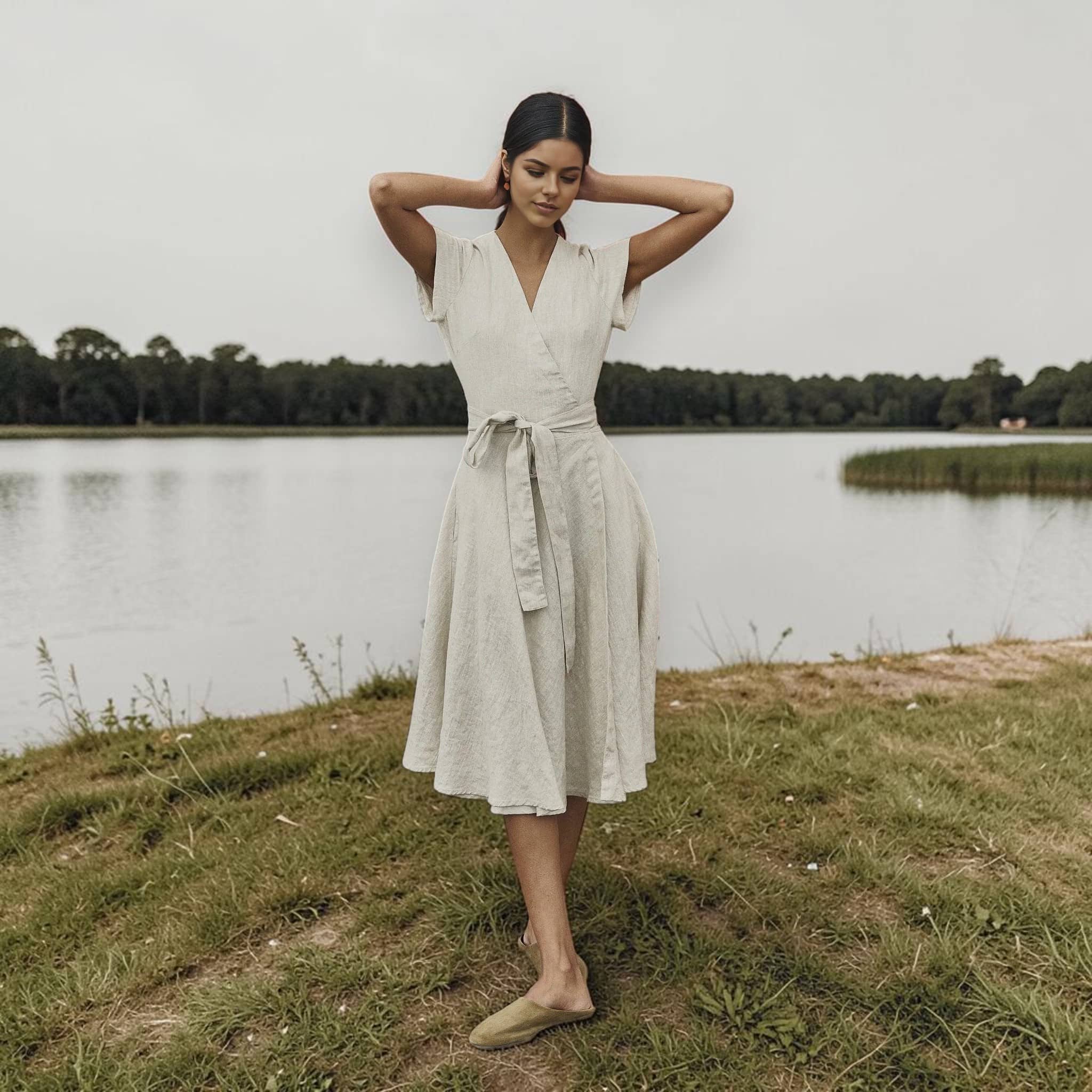 Wrap Linen Midi Dress, Tie Waist Cap Sleeve