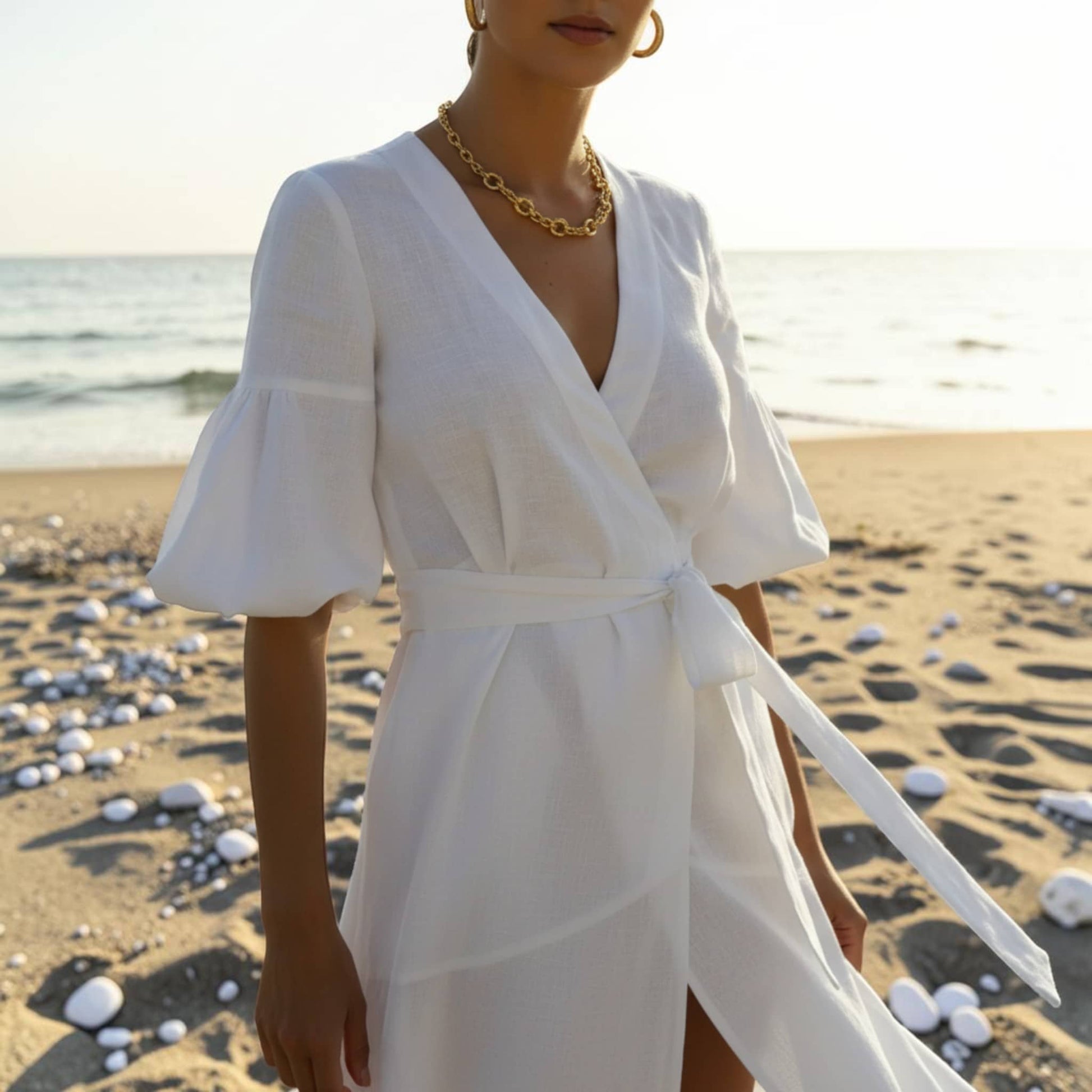 Wrap Linen Midi Dress, Tie Waist Puff Sleeve