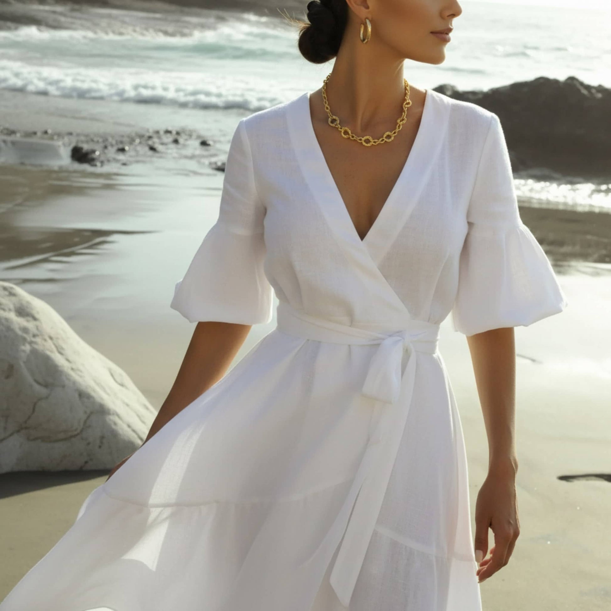 Wrap Linen Midi Dress, Tie Waist Puff Sleeve