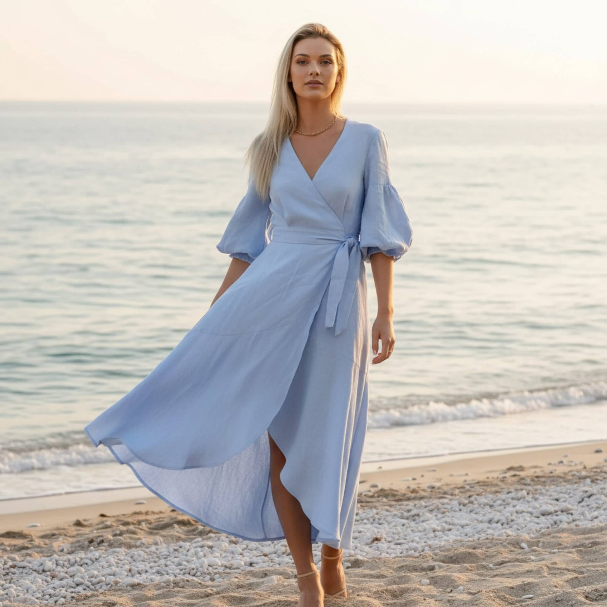 Wrap Linen Midi Dress, Tie Waist Puff Sleeve