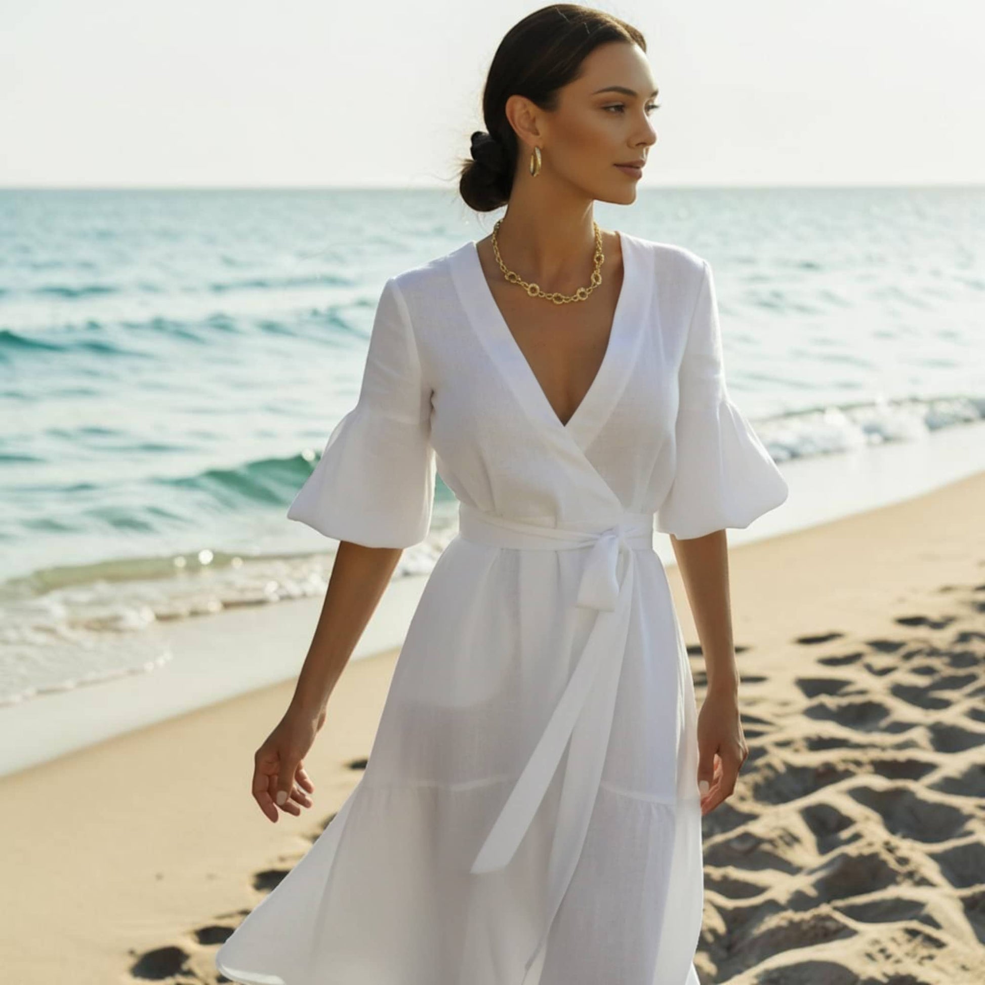 Wrap Linen Midi Dress, Tie Waist Puff Sleeve