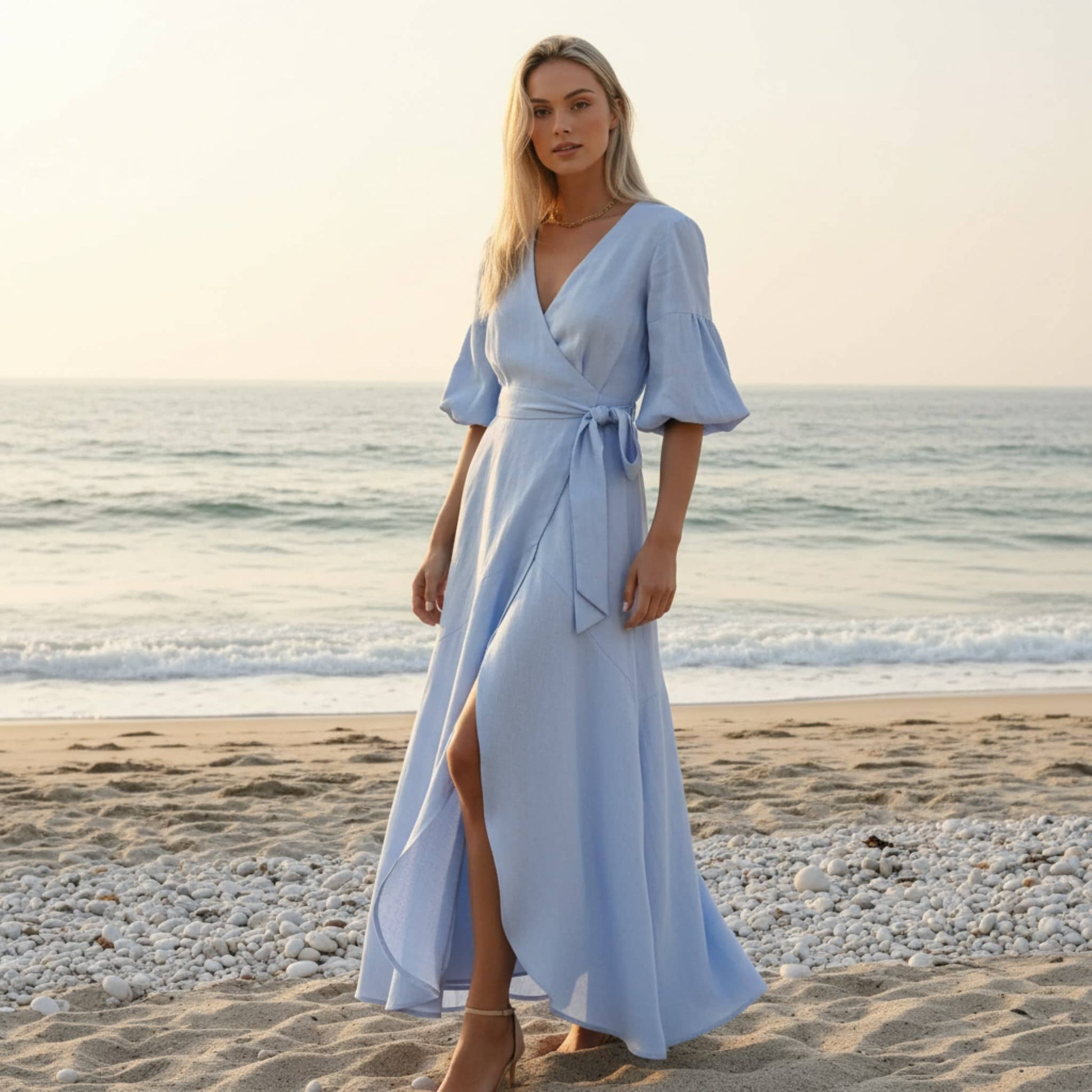 Wrap Linen Midi Dress, Tie Waist Puff Sleeve