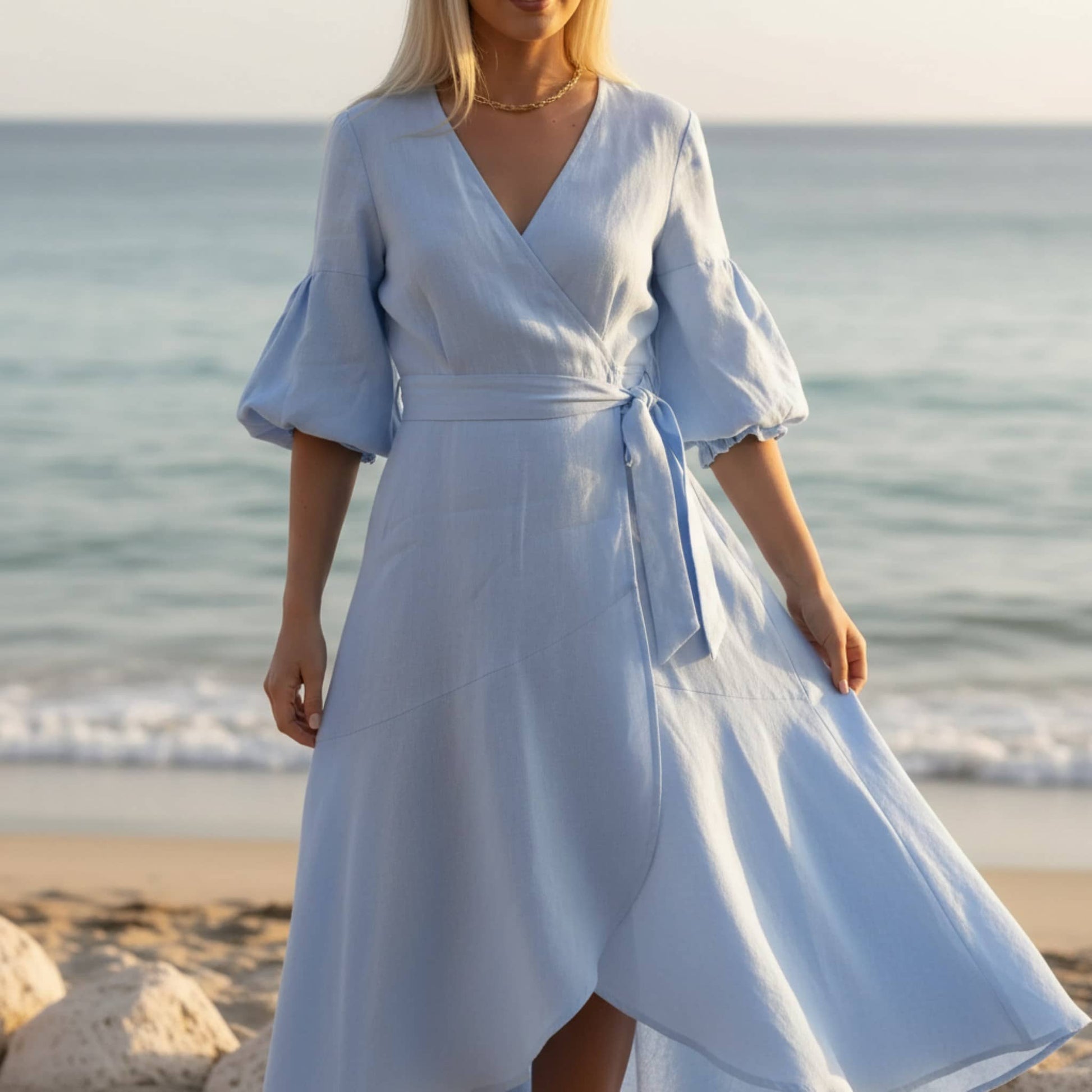 Wrap Linen Midi Dress, Tie Waist Puff Sleeve
