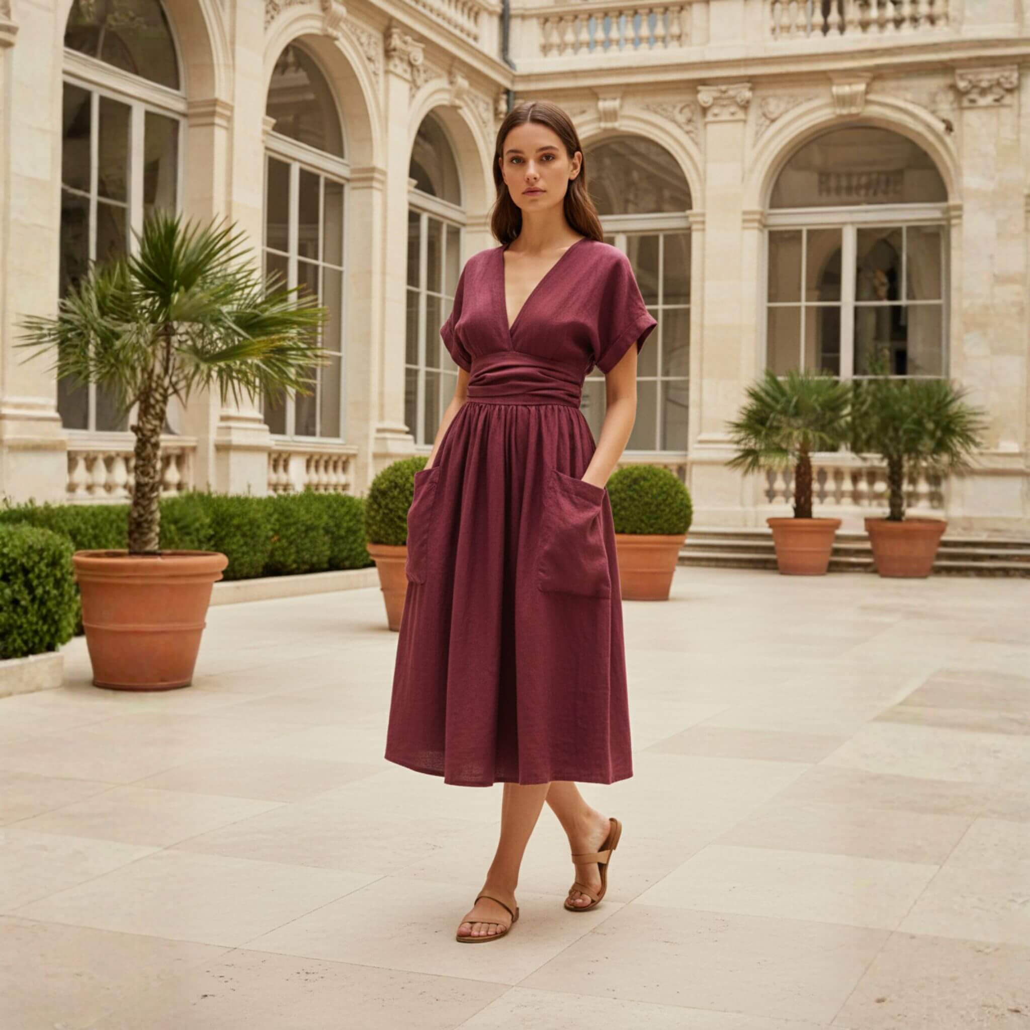 Wrap Linen Midi Dress, V Neck Midi Dress