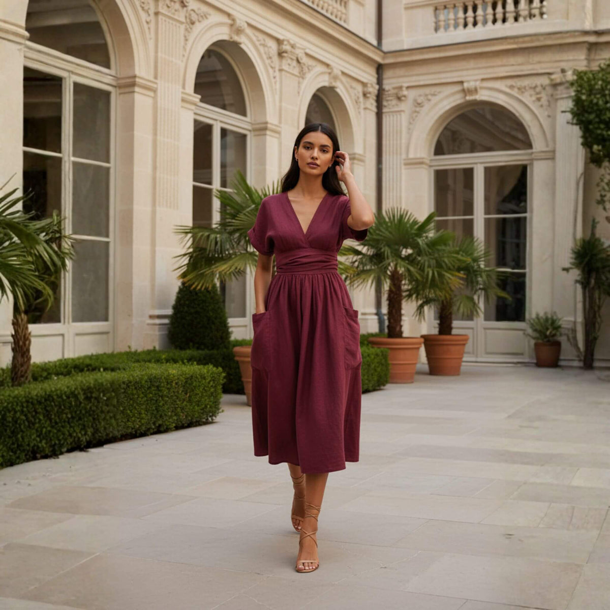 Wrap Linen Midi Dress, V Neck Midi Dress
