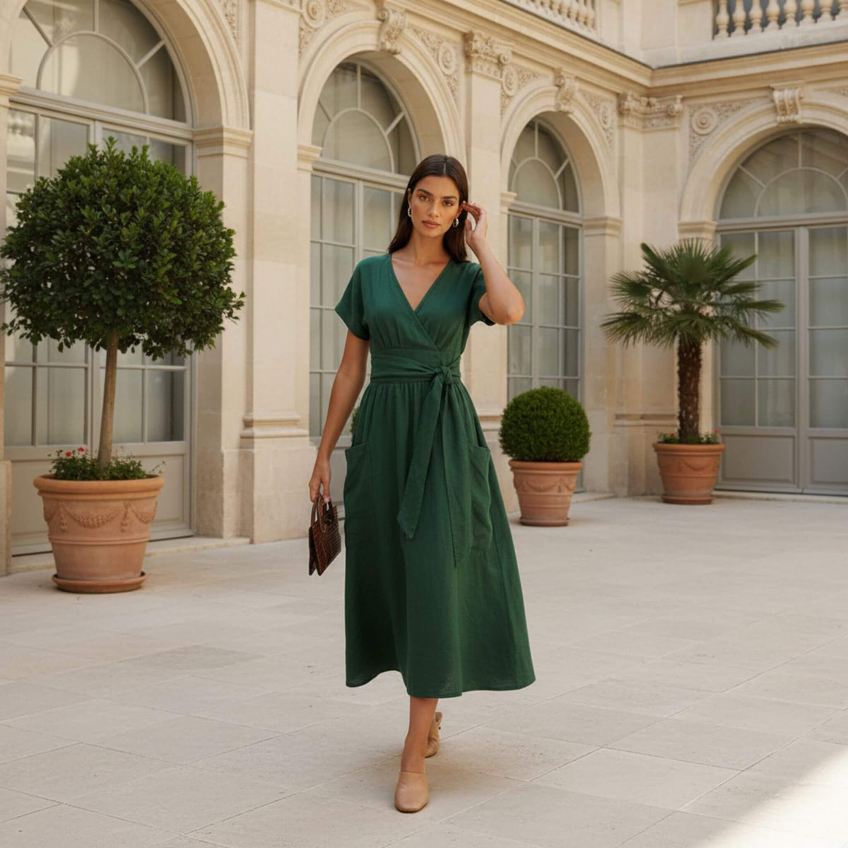 Wrap Linen Midi Dress, V Neck Midi Dress