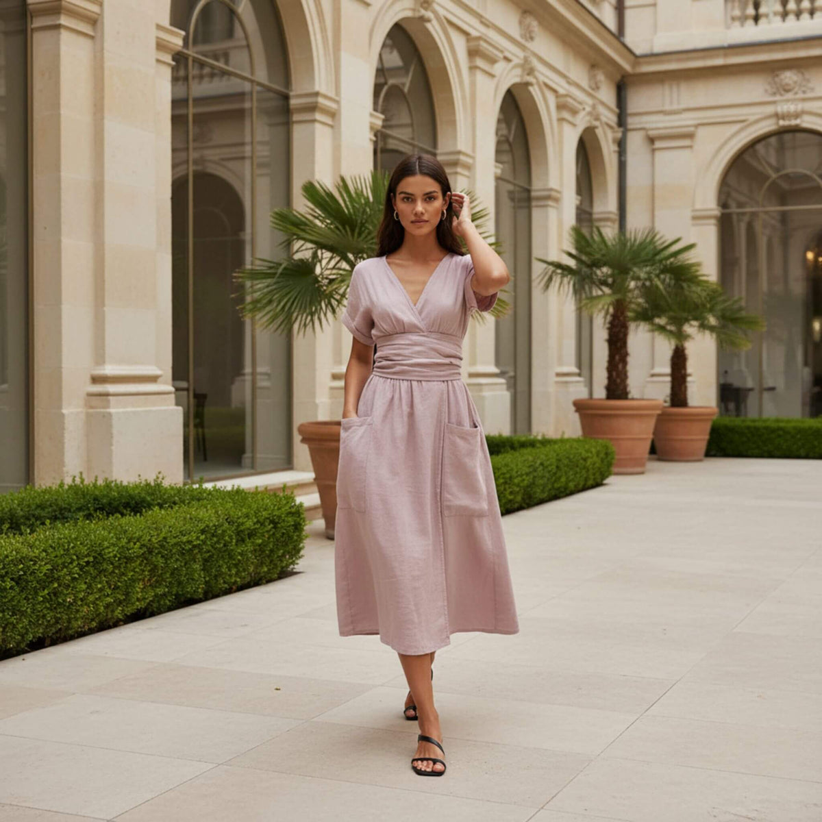 Wrap Linen Midi Dress, V Neck Midi Dress