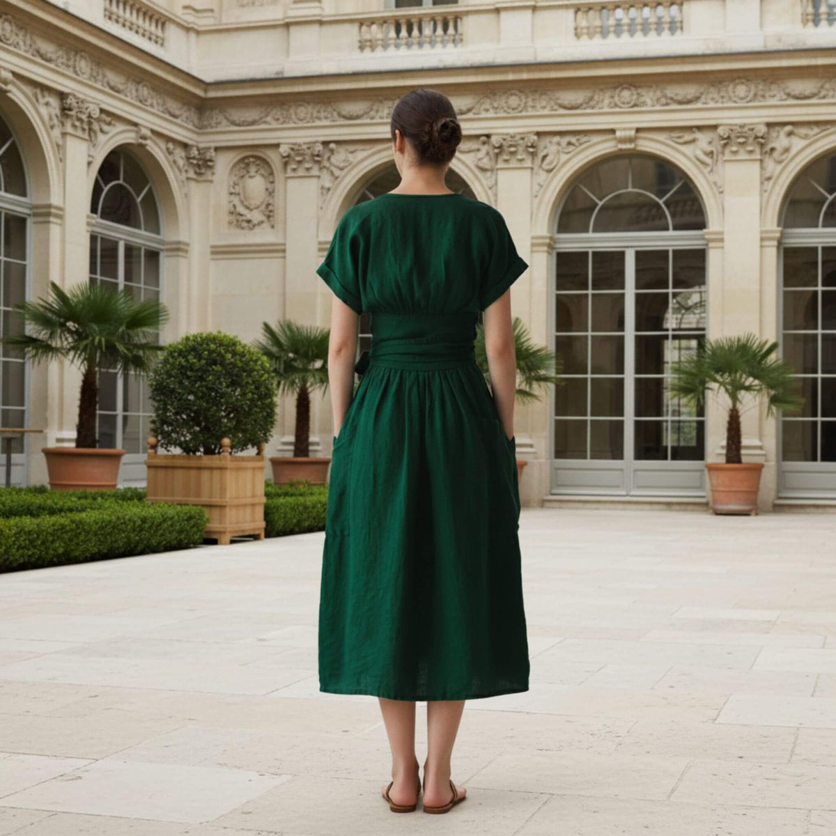 Wrap Linen Midi Dress, V Neck Midi Dress