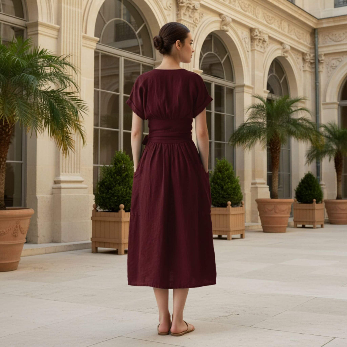 Wrap Linen Midi Dress, V Neck Midi Dress