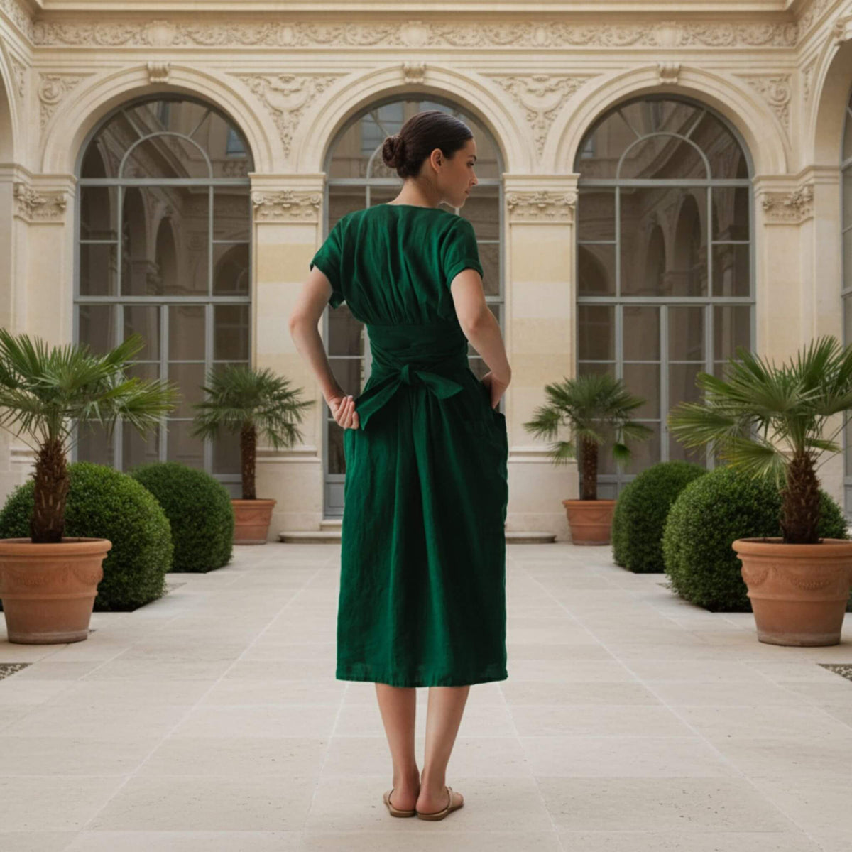 Wrap Linen Midi Dress, V Neck Midi Dress