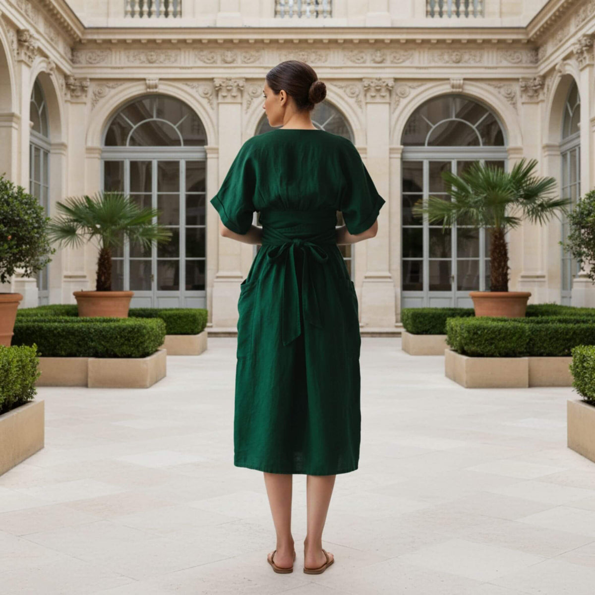 Wrap Linen Midi Dress, V Neck Midi Dress