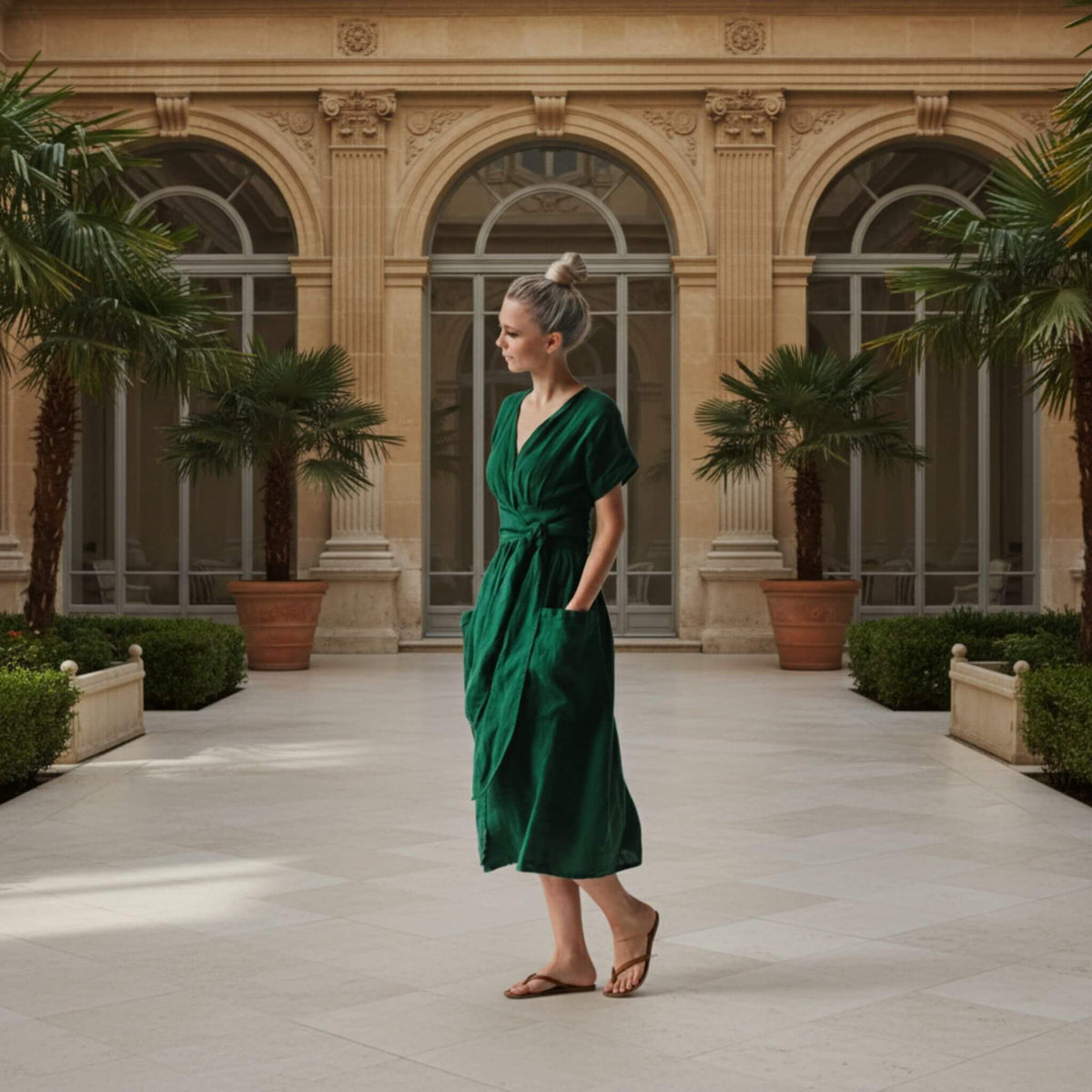 Wrap Linen Midi Dress, V Neck Midi Dress