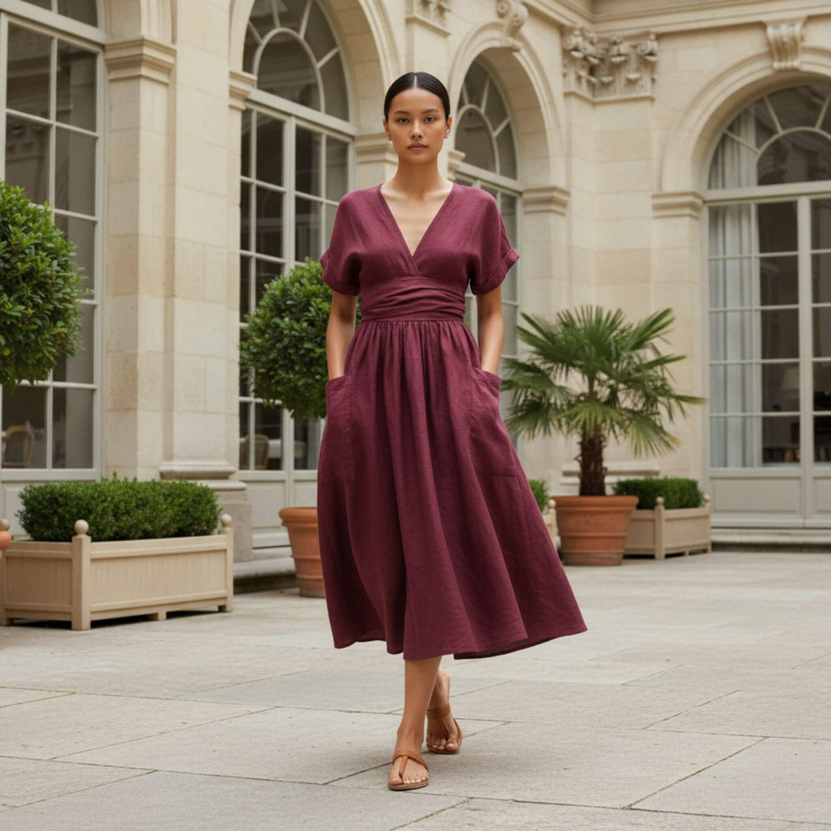 Wrap Linen Midi Dress, V Neck Midi Dress