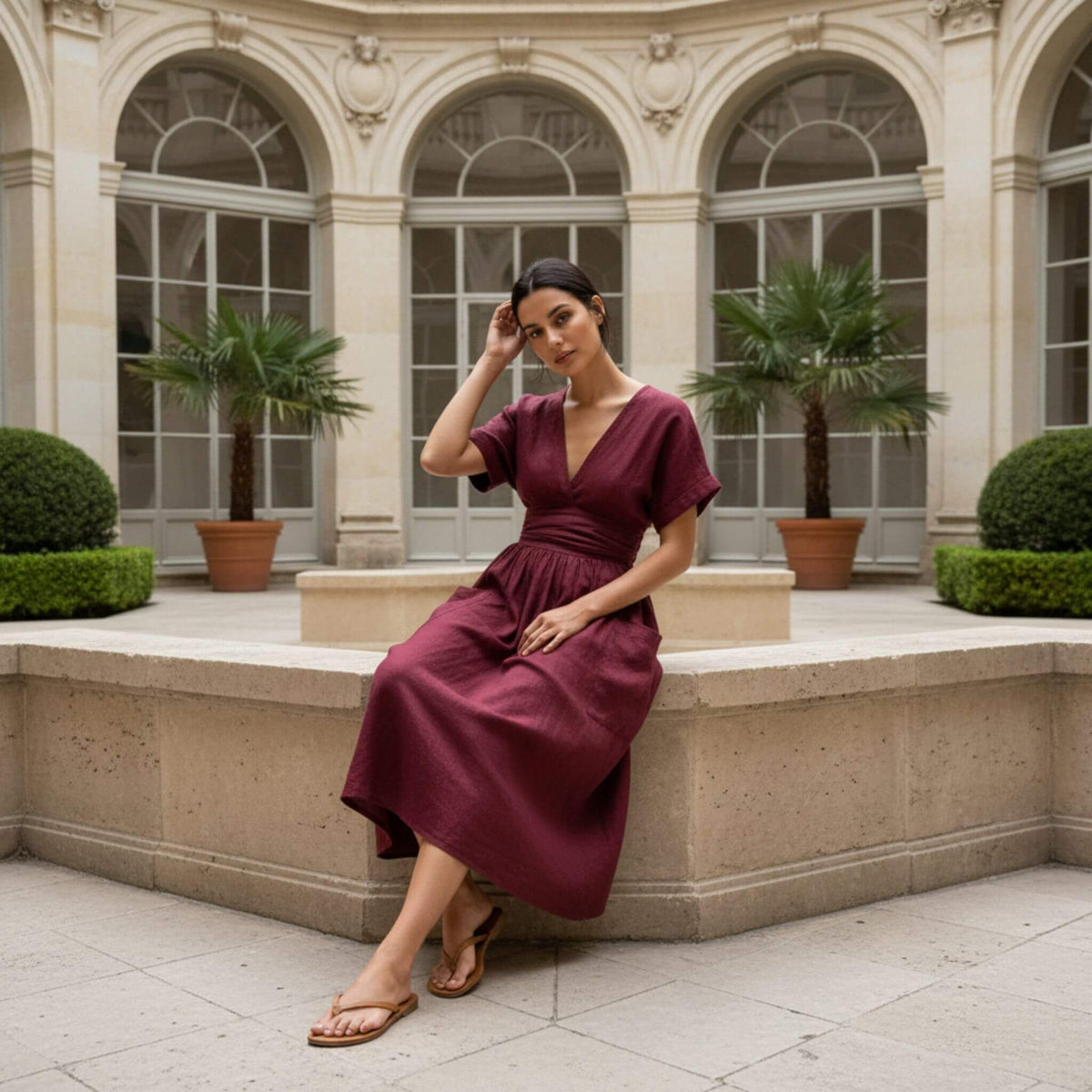 Wrap Linen Midi Dress, V Neck Midi Dress