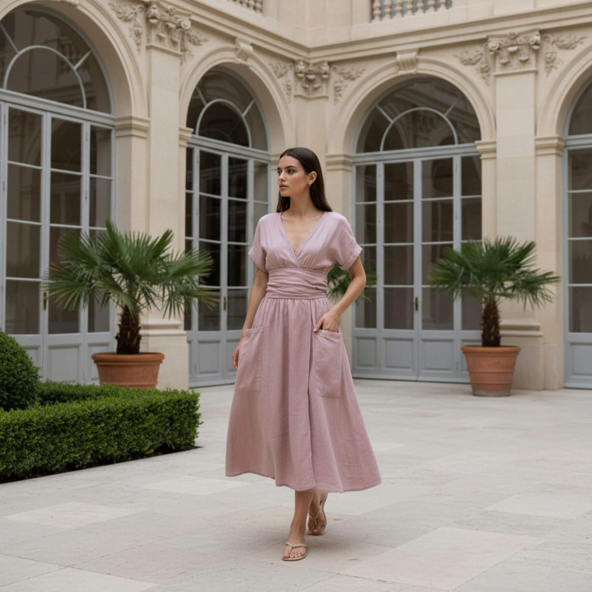 Wrap Linen Midi Dress, V Neck Midi Dress