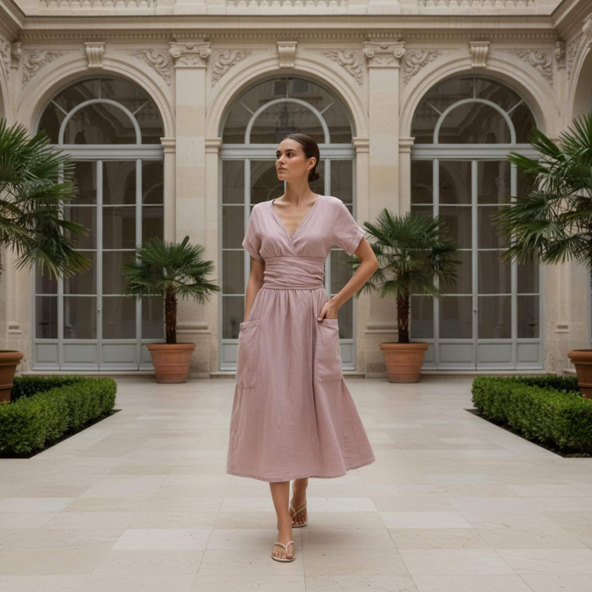 Wrap Linen Midi Dress, V Neck Midi Dress