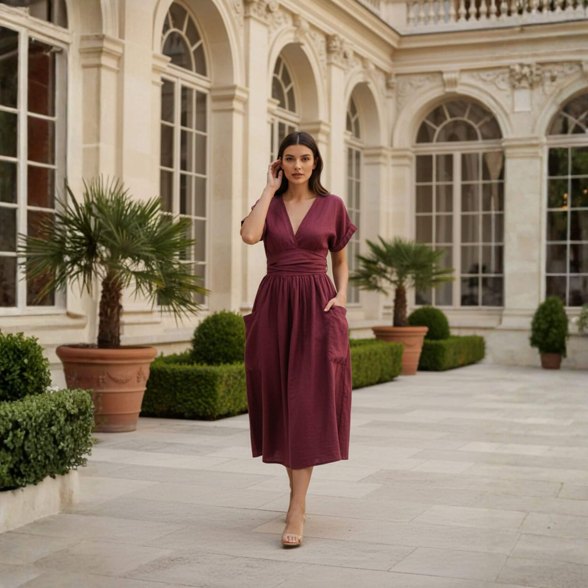 Wrap Linen Midi Dress, V Neck Midi Dress