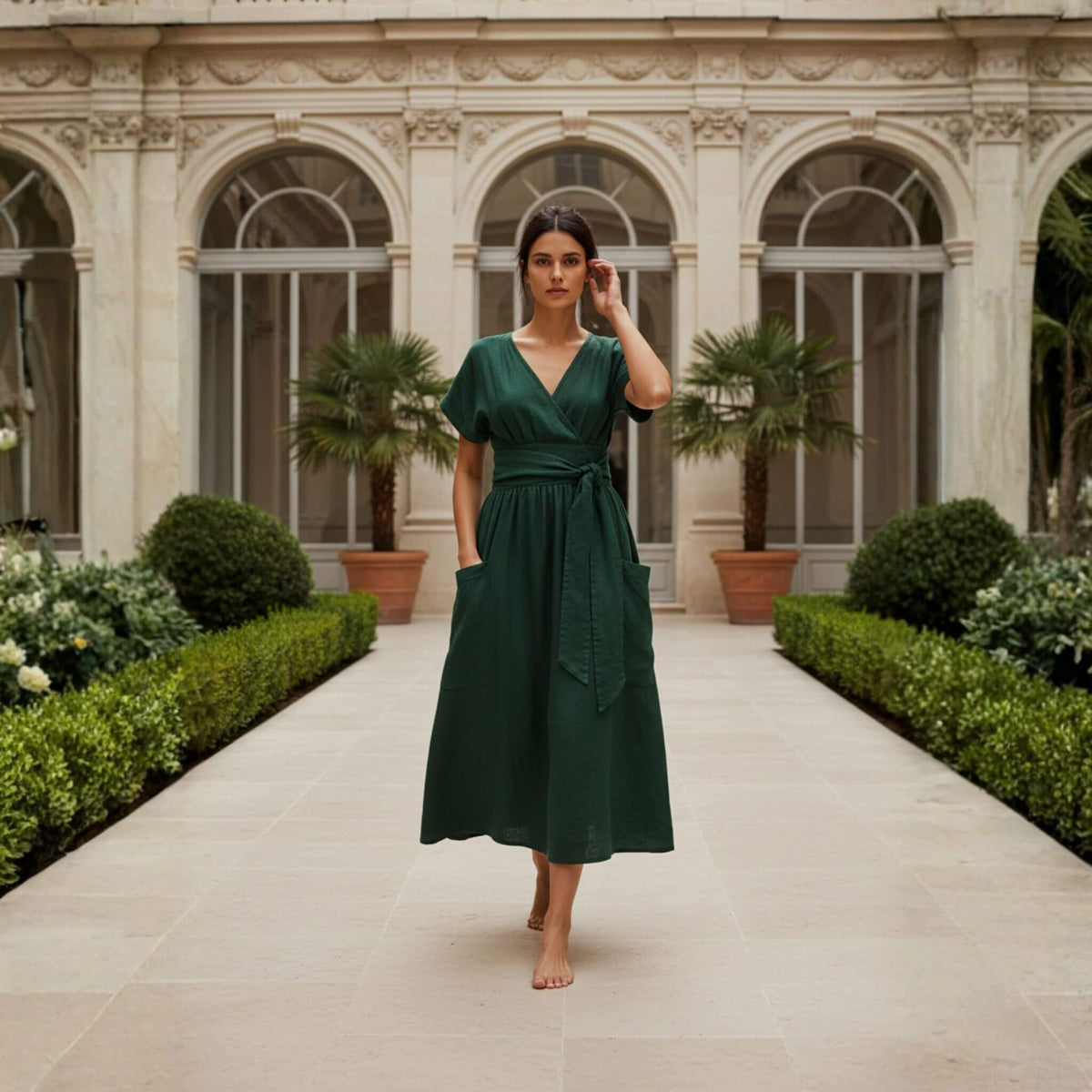 Wrap Linen Midi Dress, V Neck Midi Dress