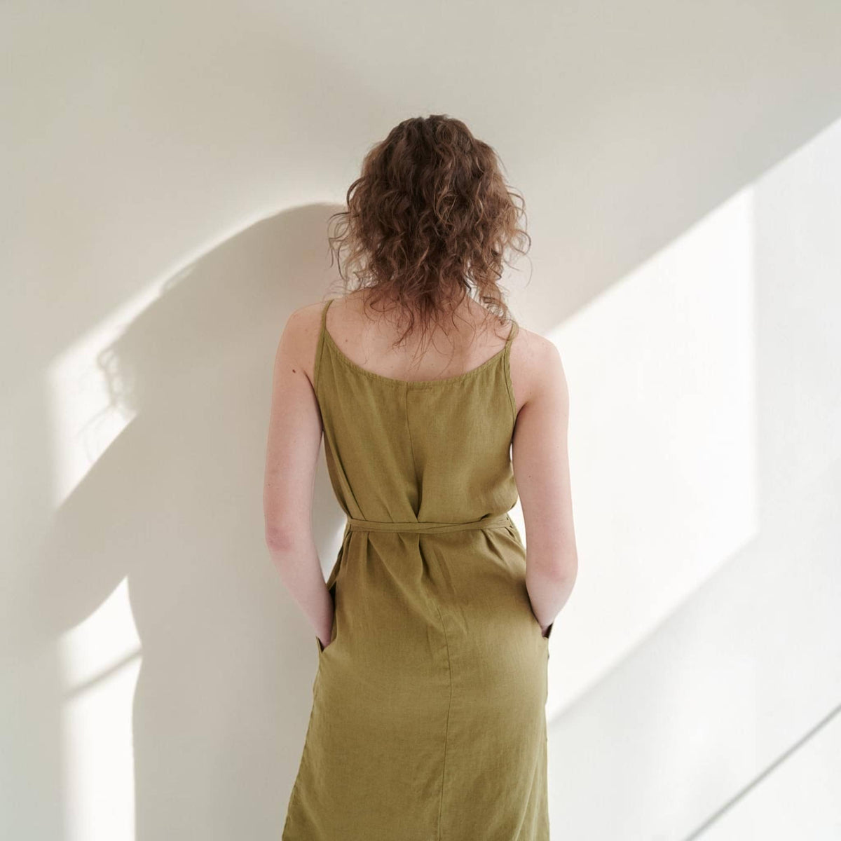 Wrap Linen Midi Dress, V Neck Strap