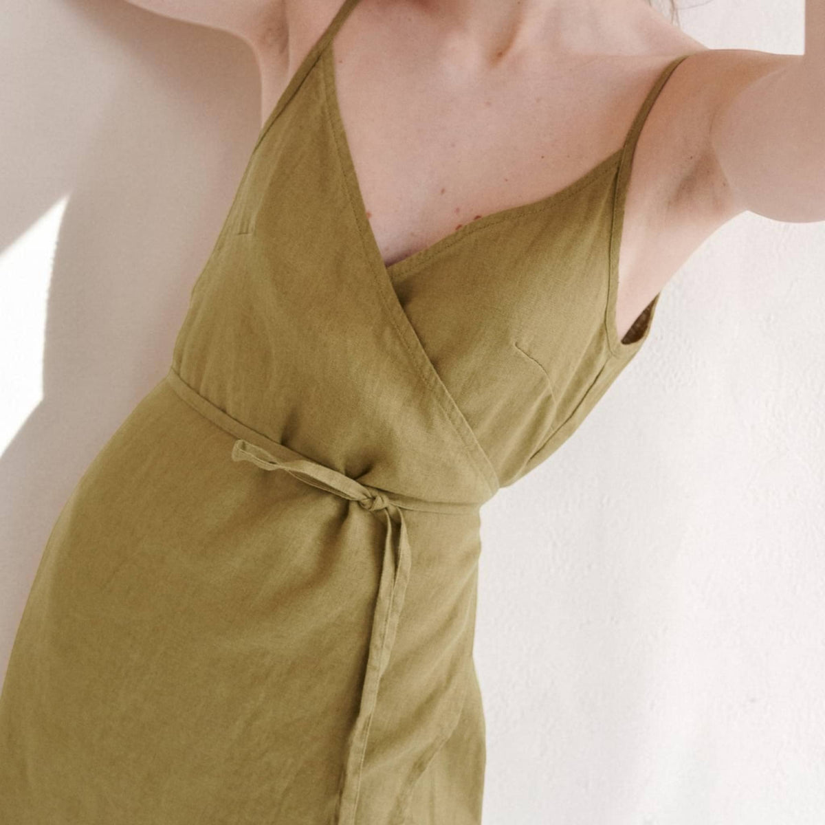 Wrap Linen Midi Dress, V Neck Strap