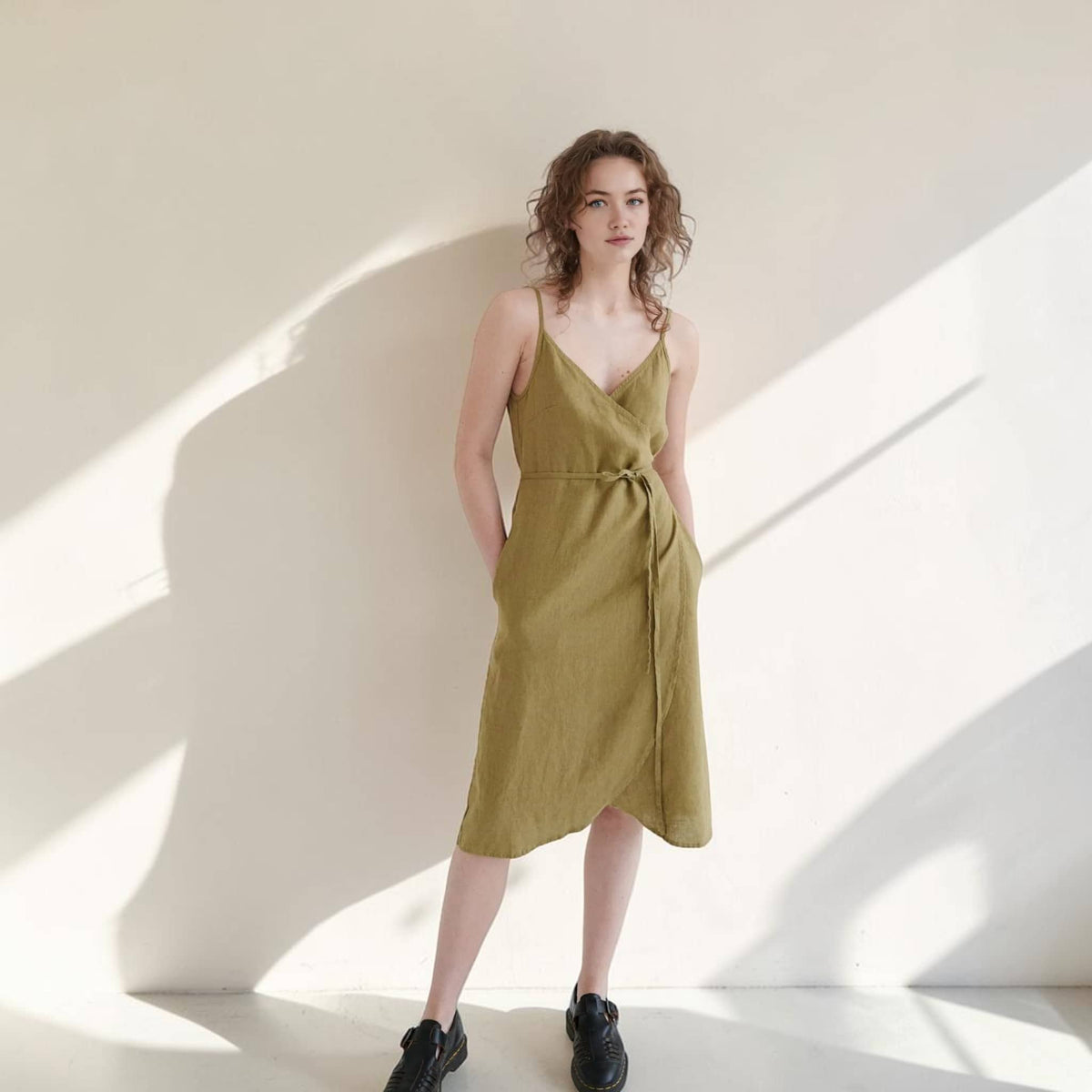 Wrap Linen Midi Dress, V Neck Strap