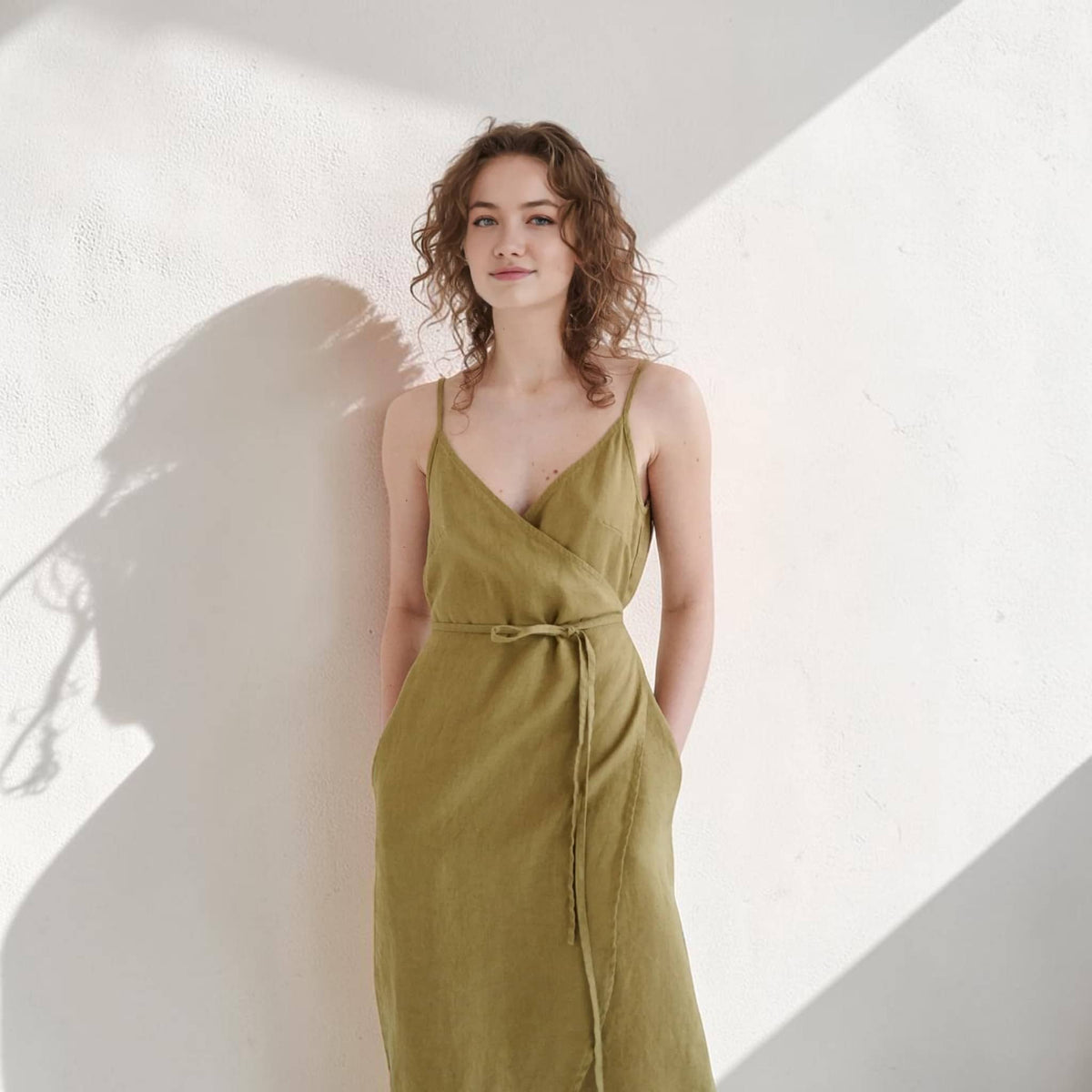 Wrap Linen Midi Dress, V Neck Strap