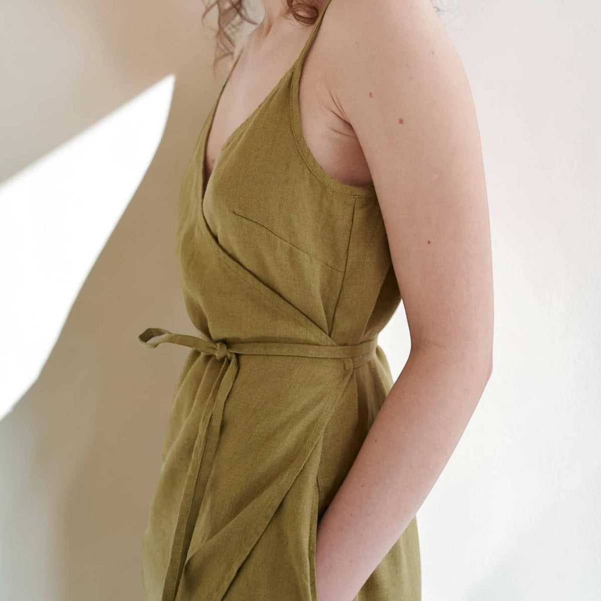 Wrap Linen Midi Dress, V Neck Strap