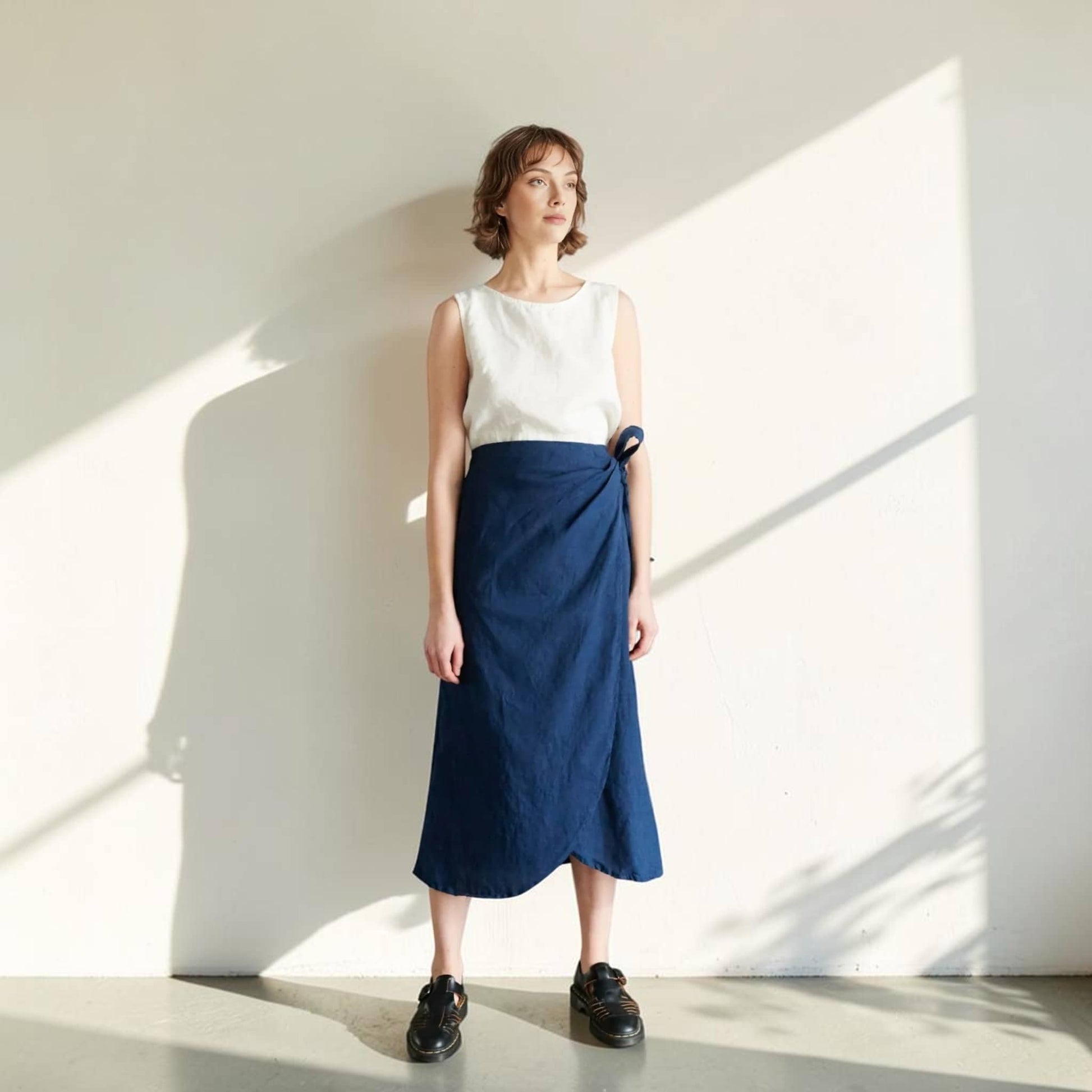 Wrap Linen Midi Skirt, Side-Tie Elastic-Back