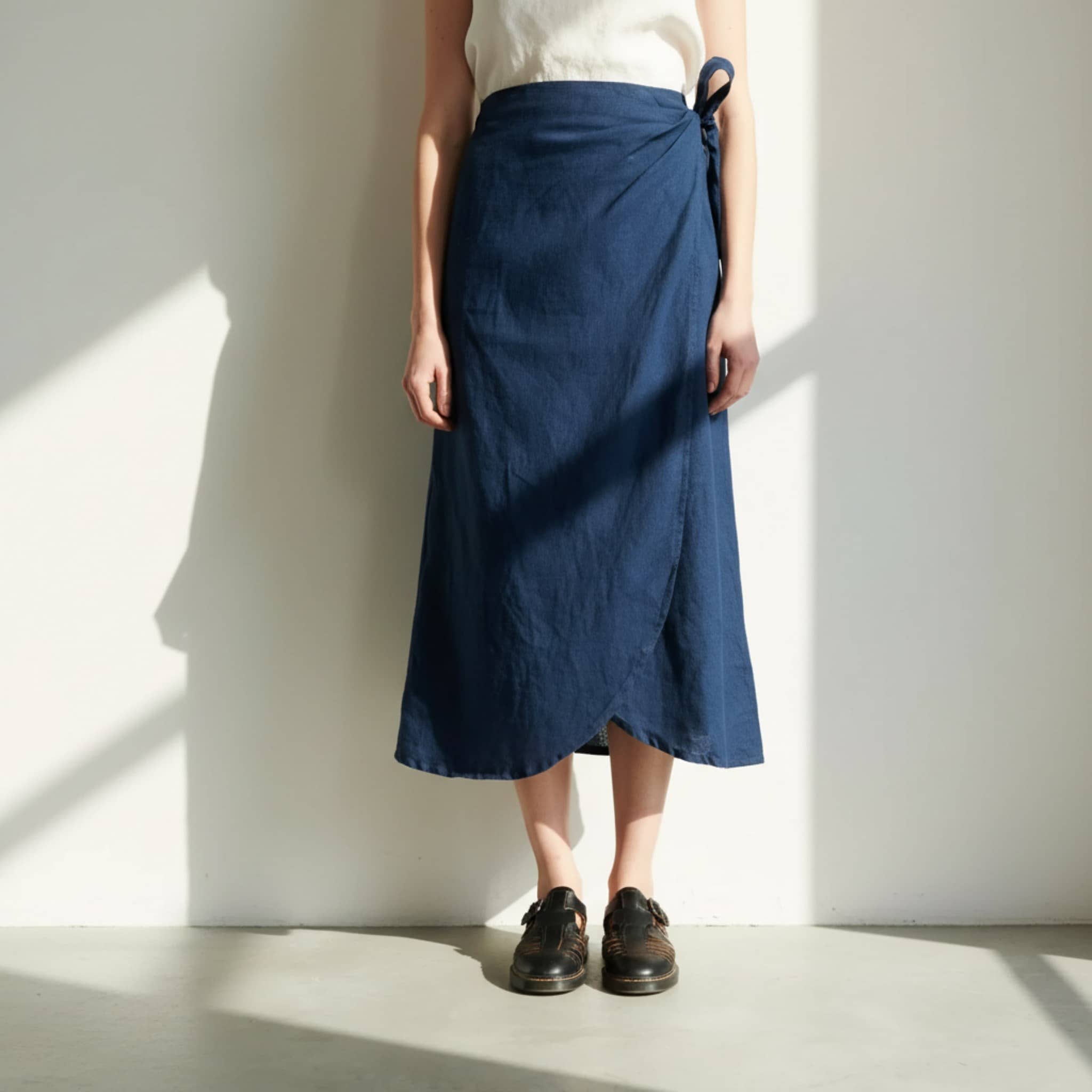 Wrap Linen Midi Skirt, Side-Tie Elastic-Back