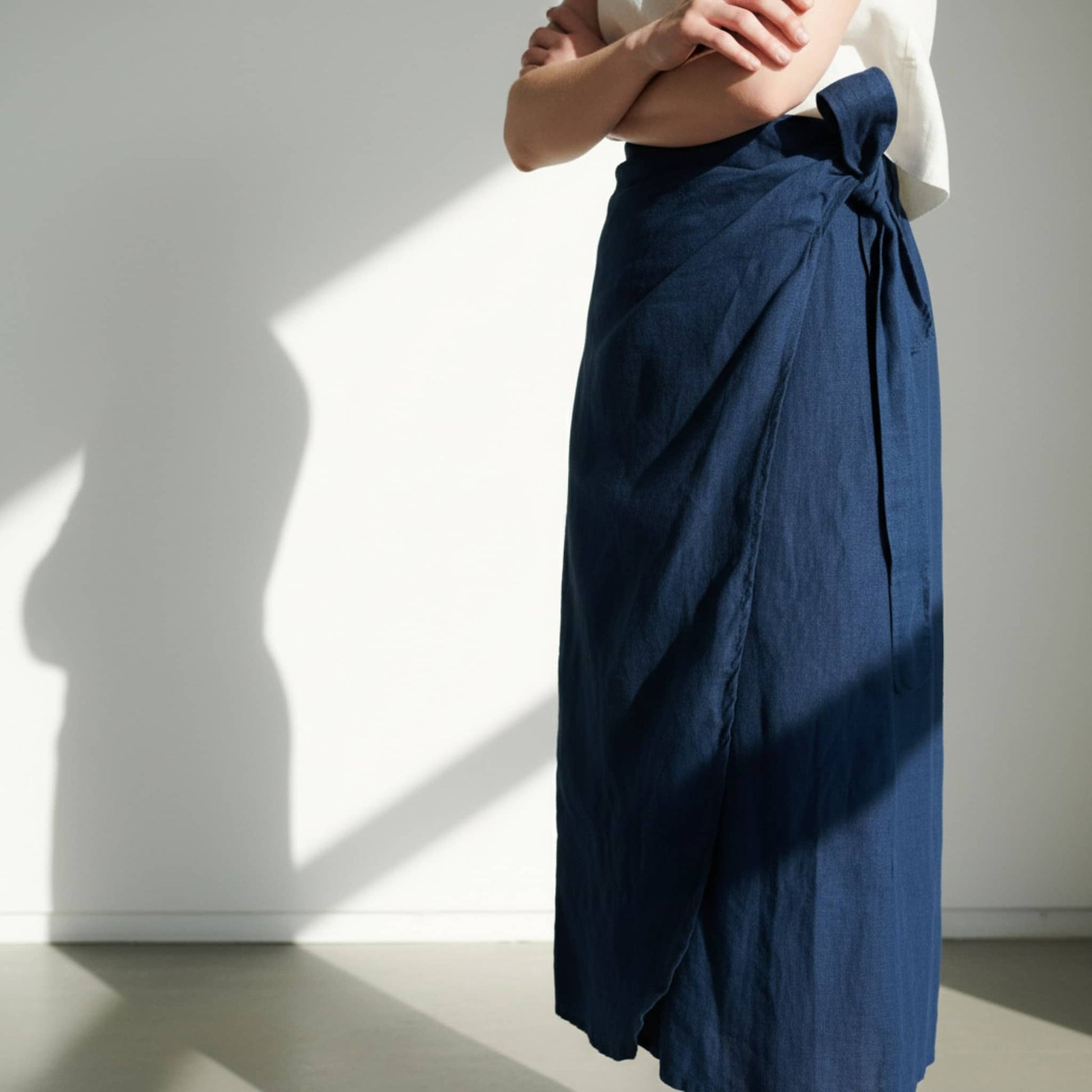 Wrap Linen Midi Skirt, Side-Tie Elastic-Back