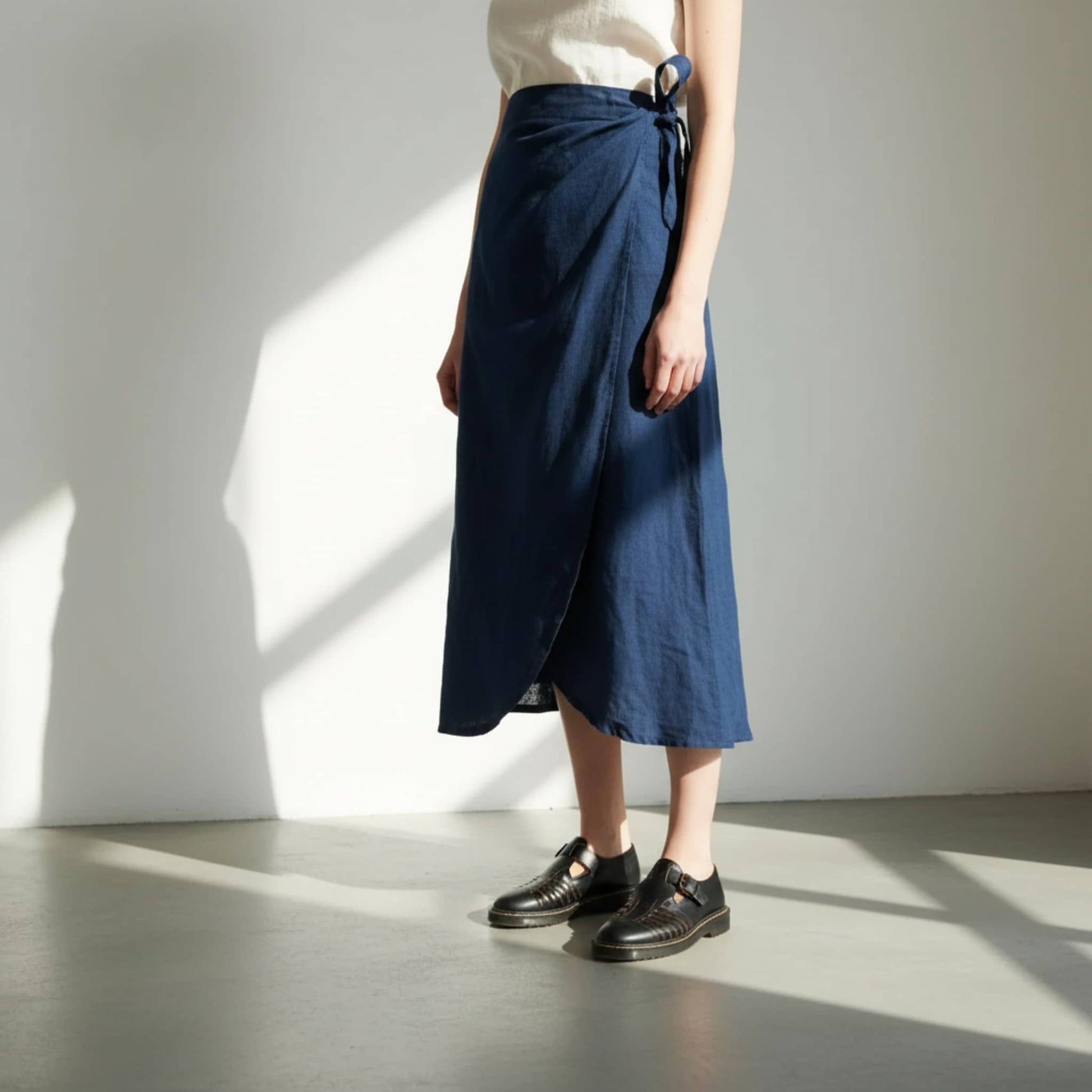 Wrap Linen Midi Skirt, Side-Tie Elastic-Back