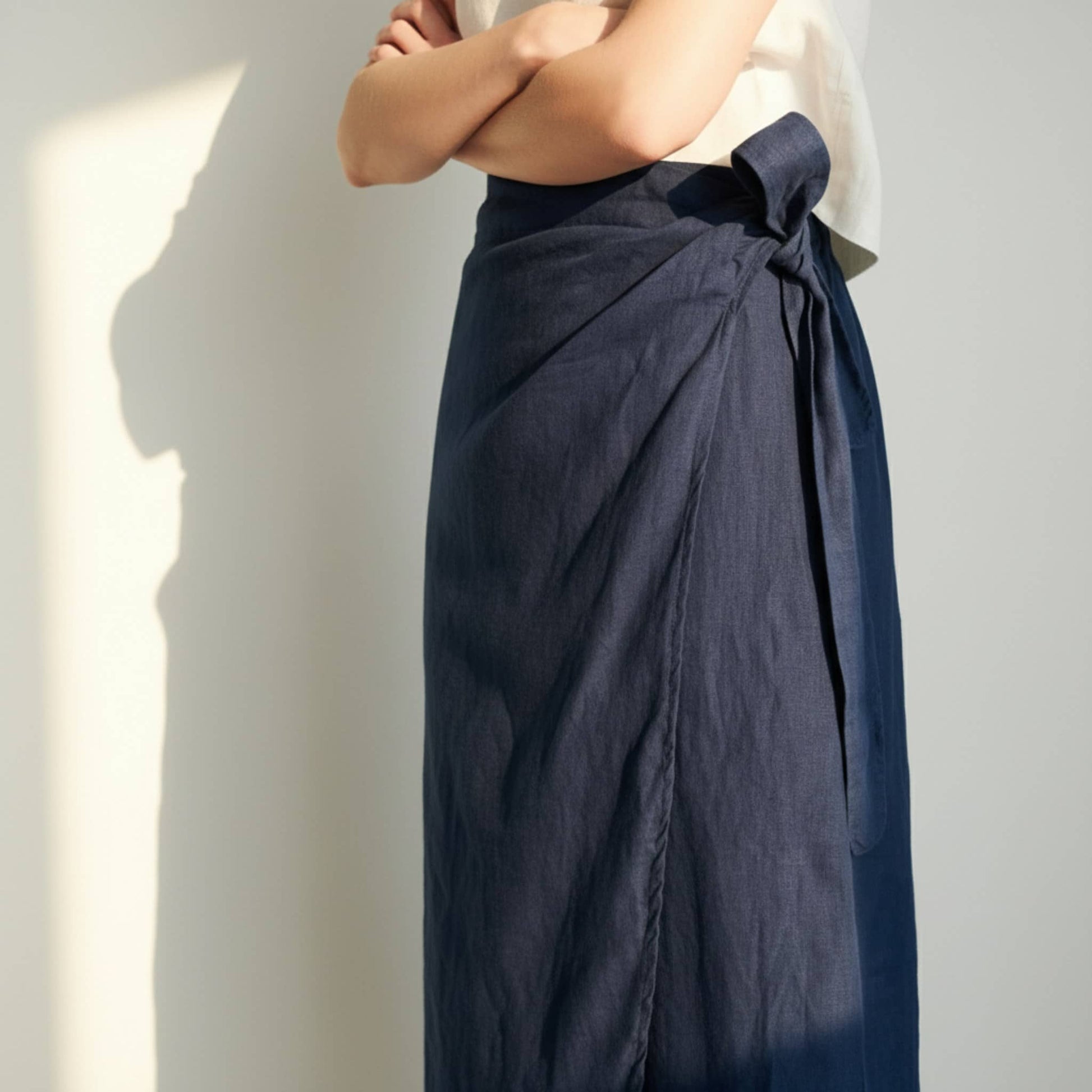 Wrap Linen Midi Skirt, Side-Tie Elastic-Back