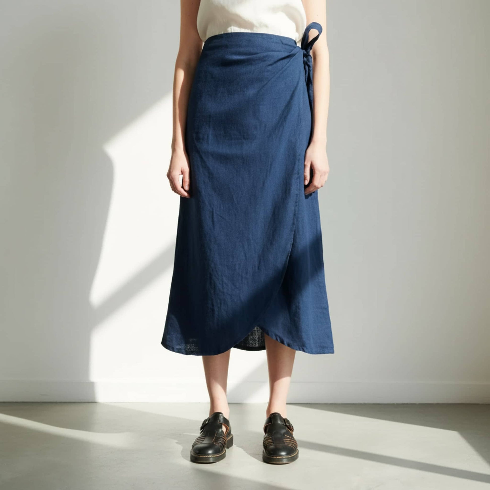 Wrap Linen Midi Skirt, Side-Tie Elastic-Back