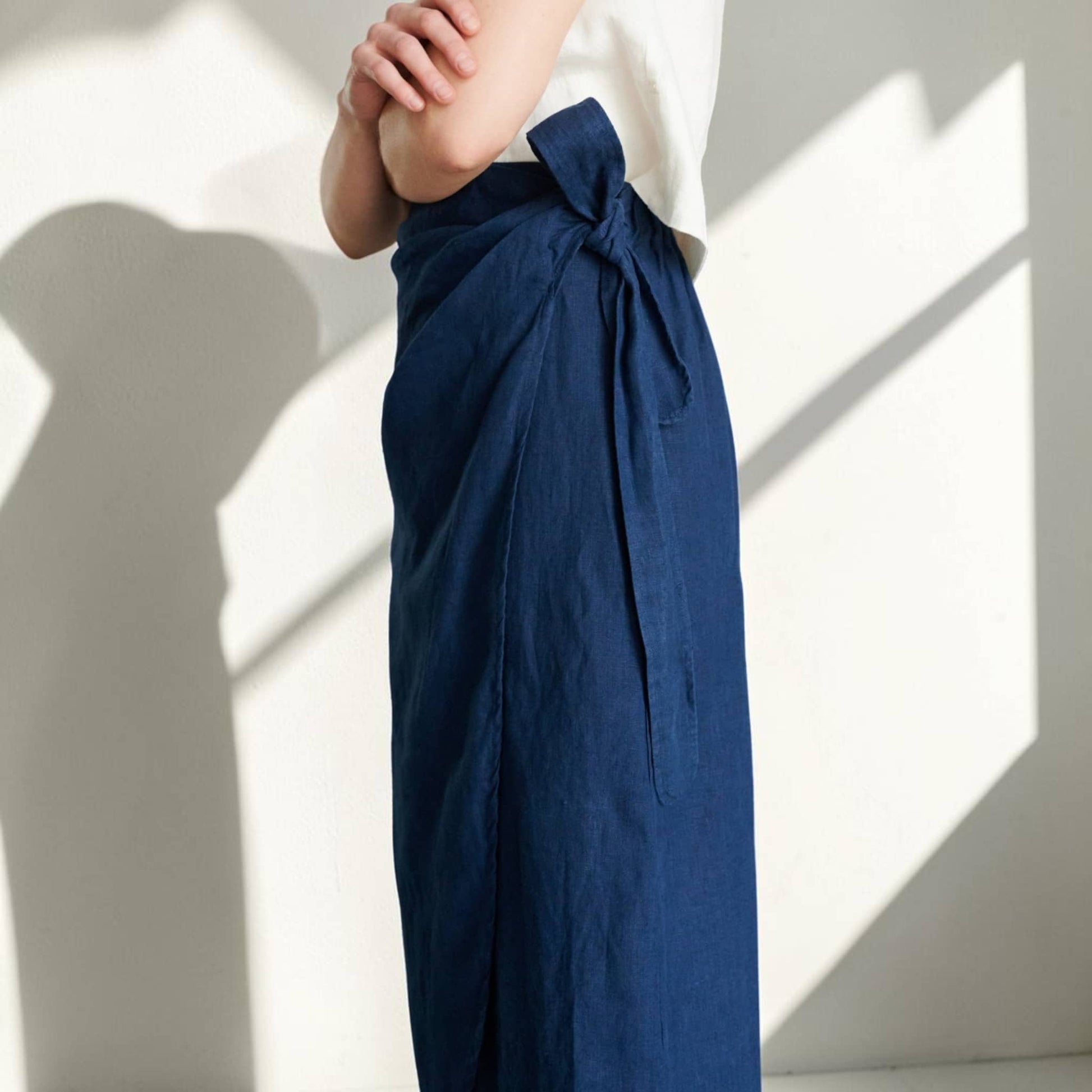 Wrap Linen Midi Skirt, Side-Tie Elastic-Back