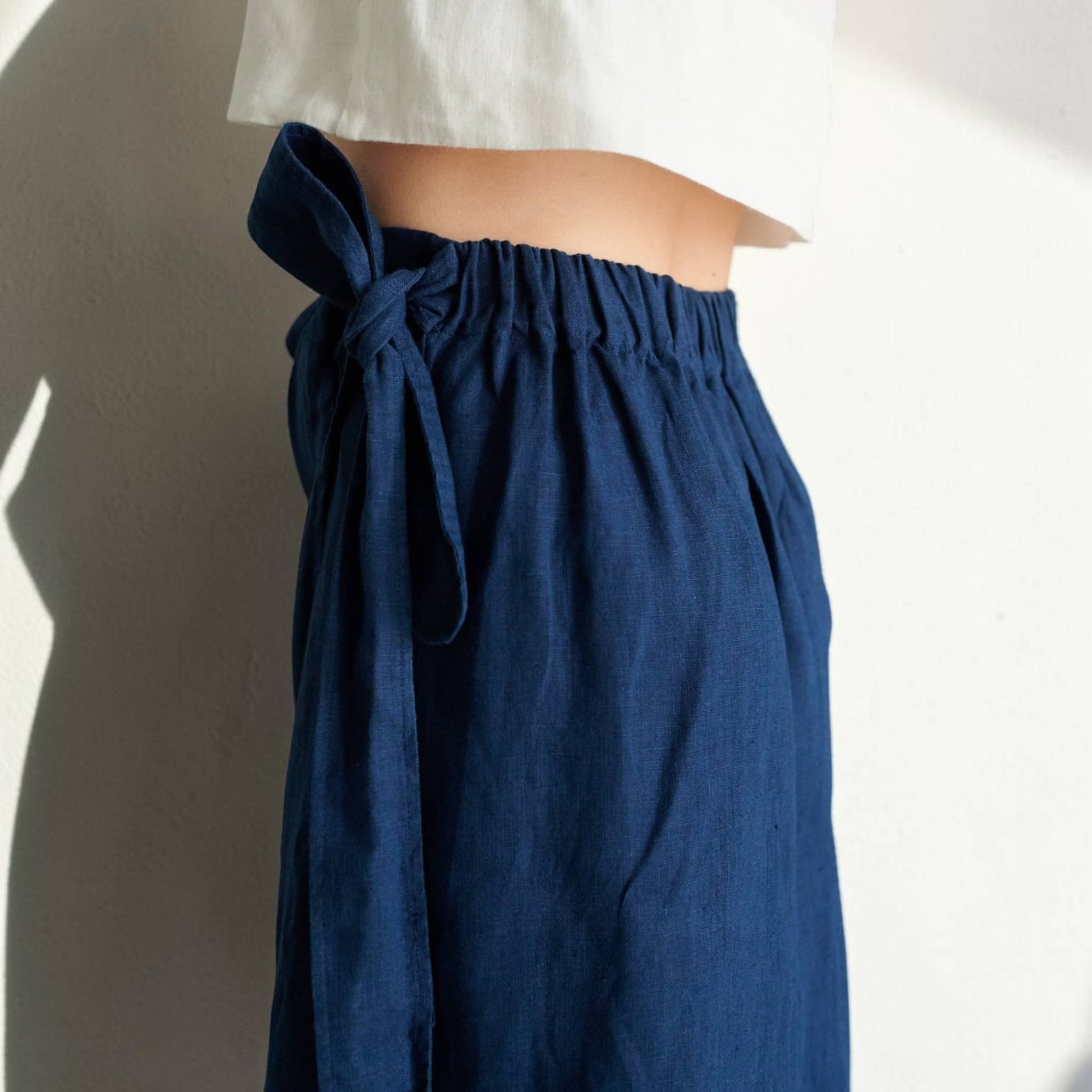 Wrap Linen Midi Skirt, Side-Tie Elastic-Back
