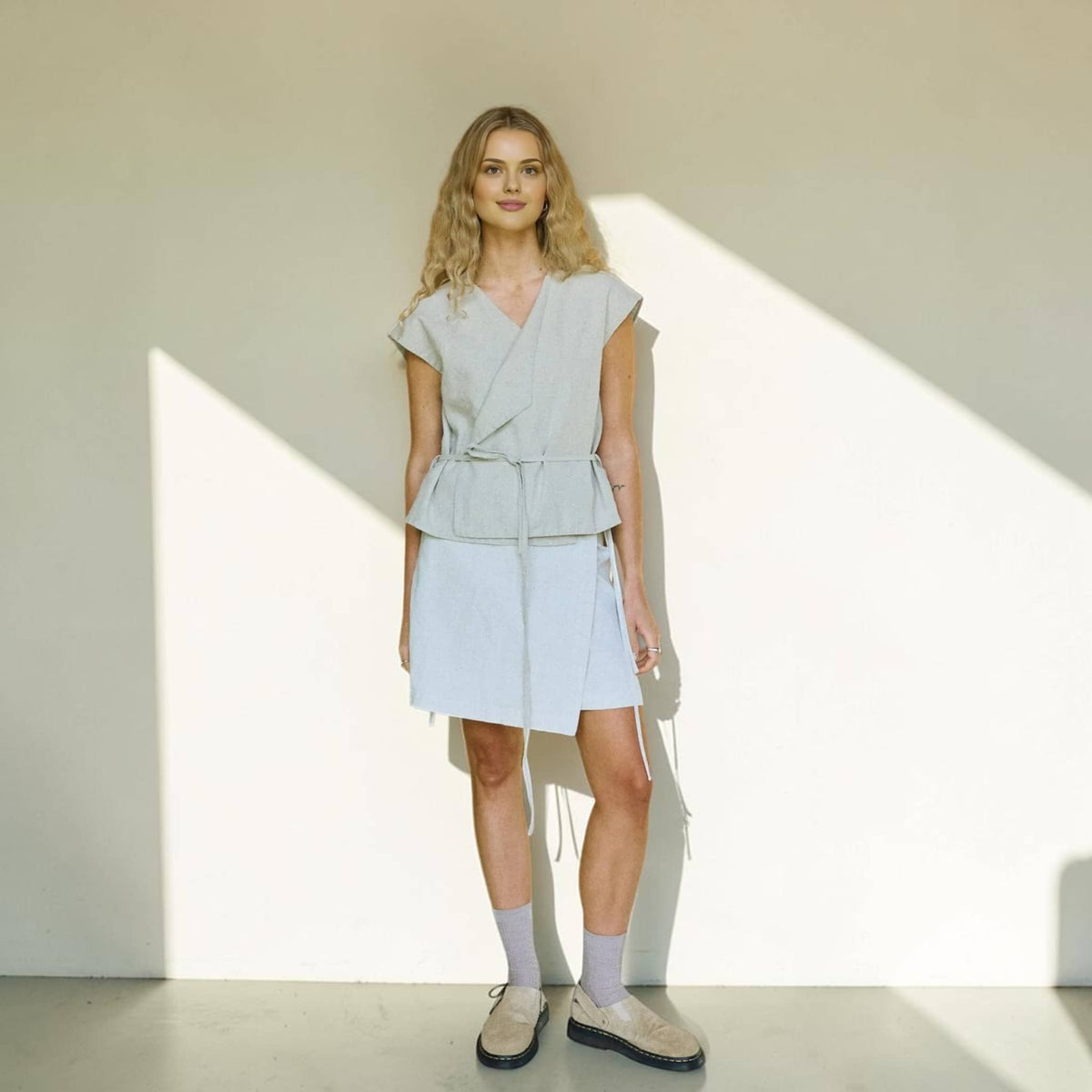 Wrap Linen Top, Self Tie Waist Cap Sleeve