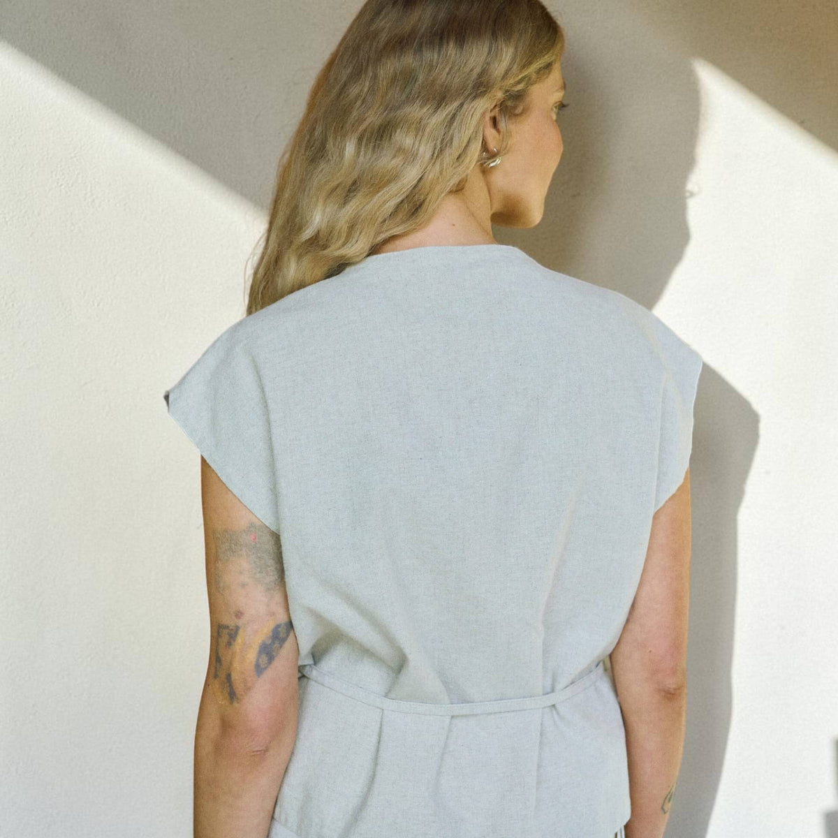 Wrap Linen Top, Self Tie Waist Cap Sleeve
