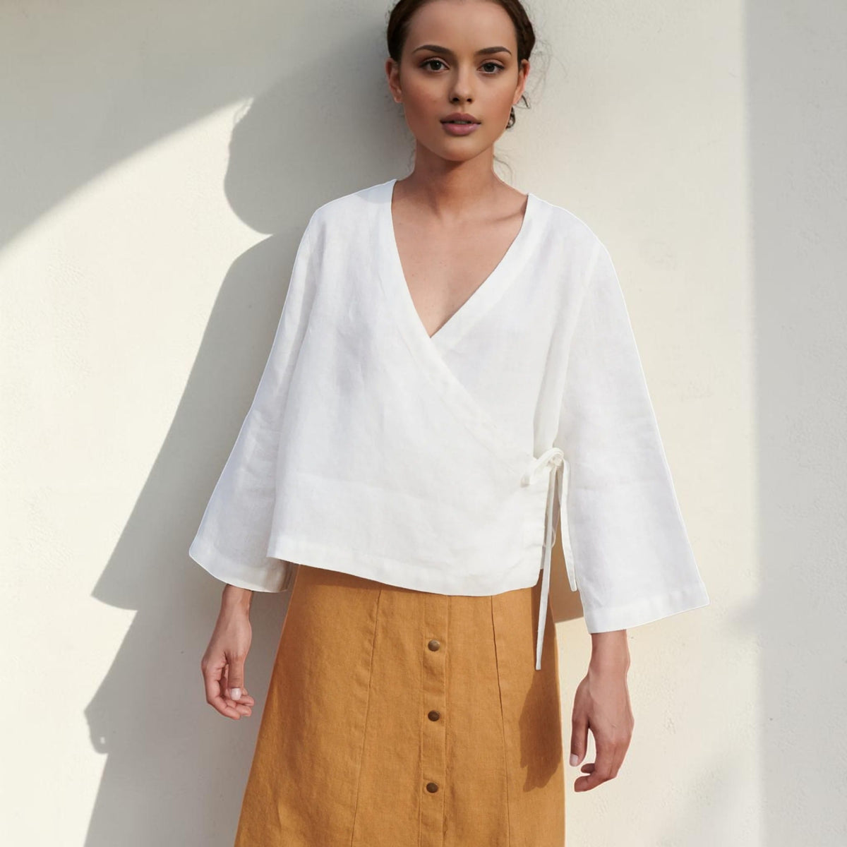 Wrap Linen Top, V Neck 3/4 Sleeve