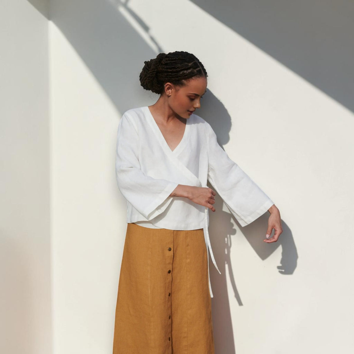 Wrap Linen Top, V Neck 3/4 Sleeve