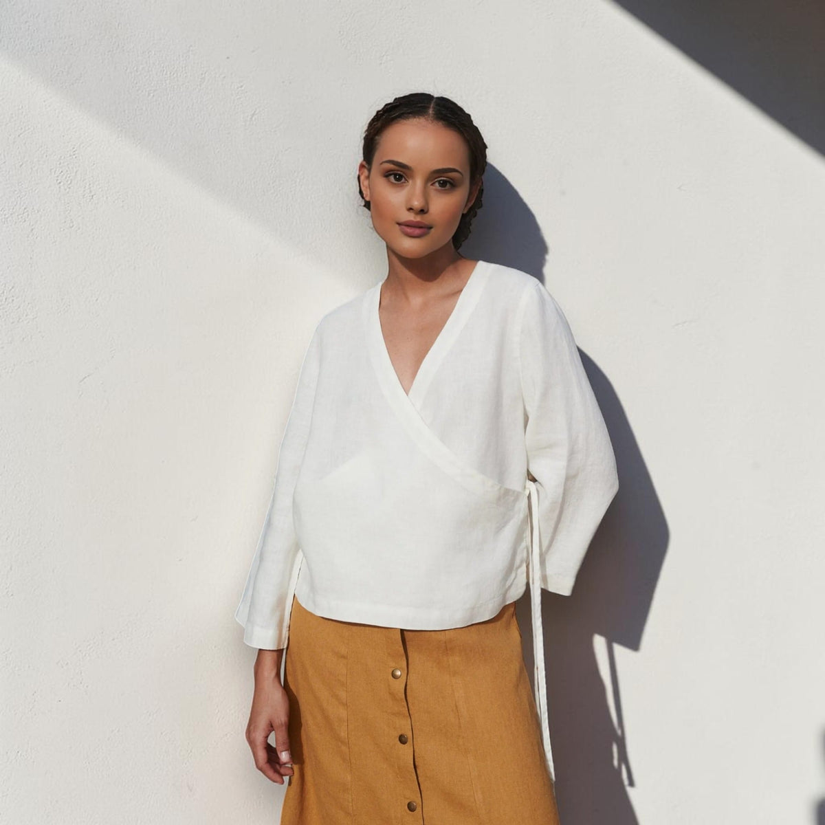 Wrap Linen Top, V Neck 3/4 Sleeve
