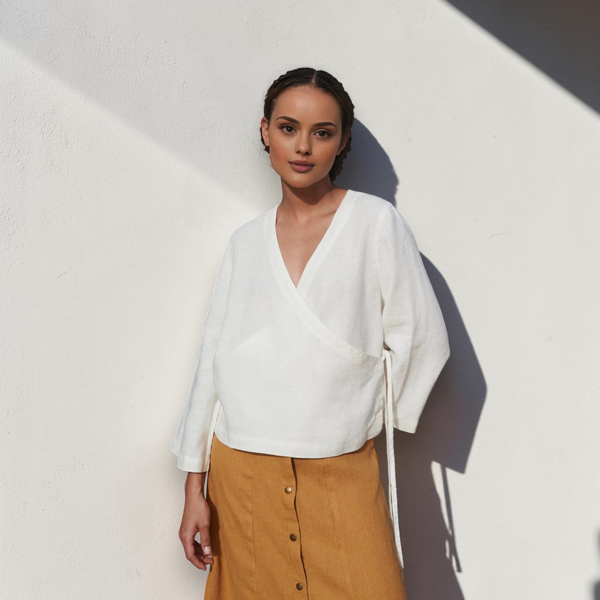Wrap Linen Top, V Neck 3/4 Sleeve