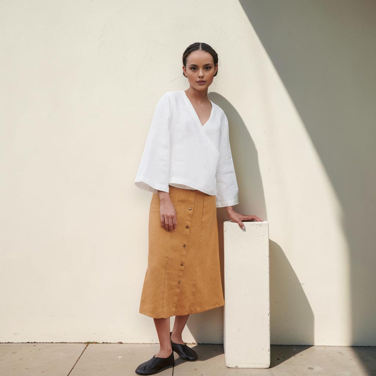 Wrap Linen Top, V Neck 3/4 Sleeve