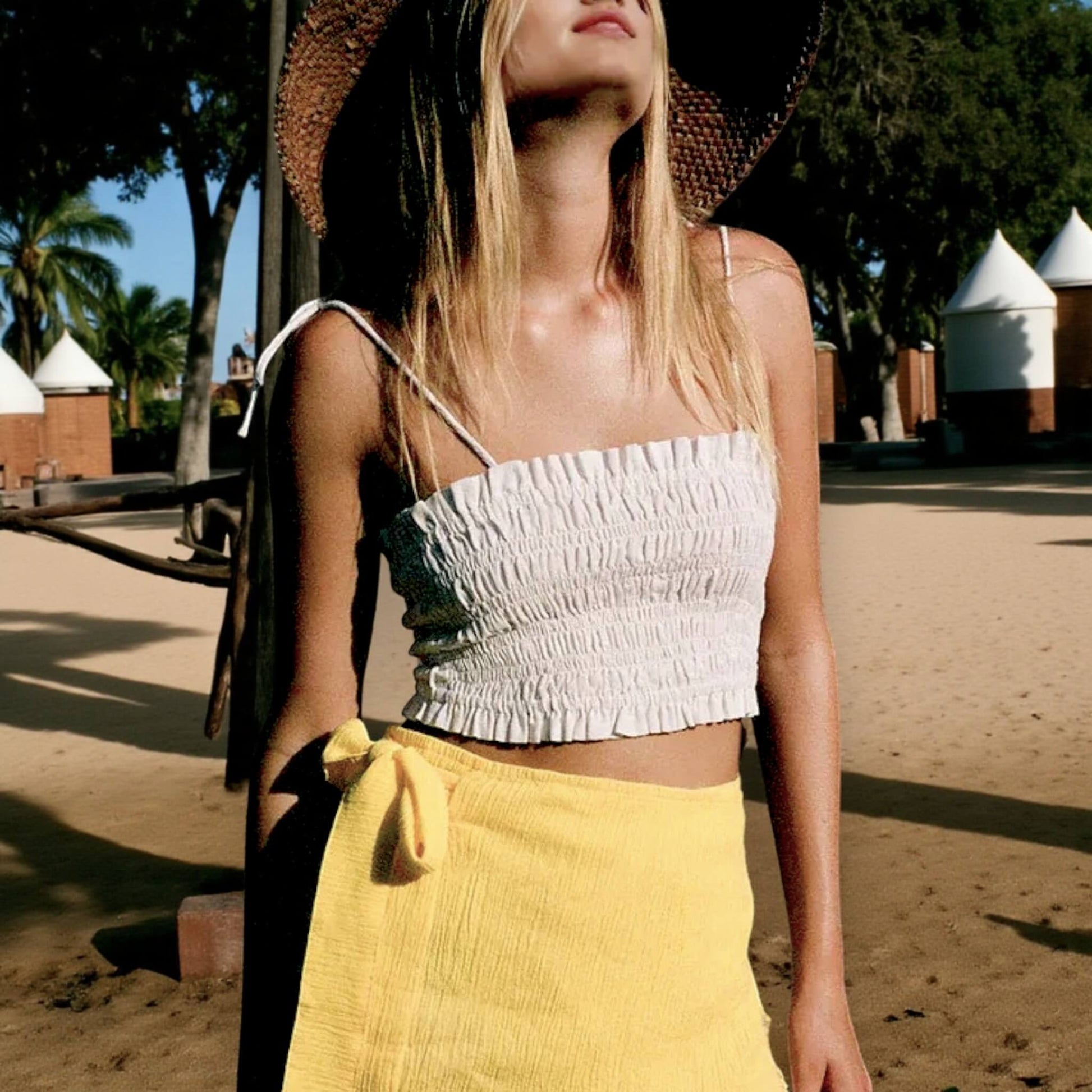 Linen Smocked Tube Top, Smocked Top with Tie Shoulder Straps