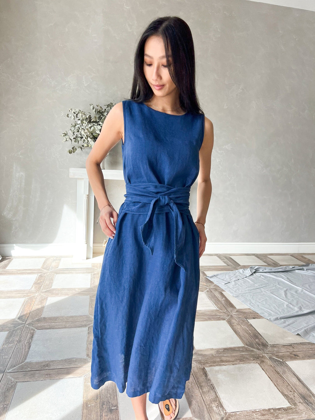 Blue Linen Dress, Wrap Linen Dress