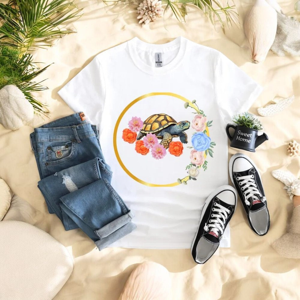 Botanical Turtle Tee, Eco-Friendly Cotton Shirt