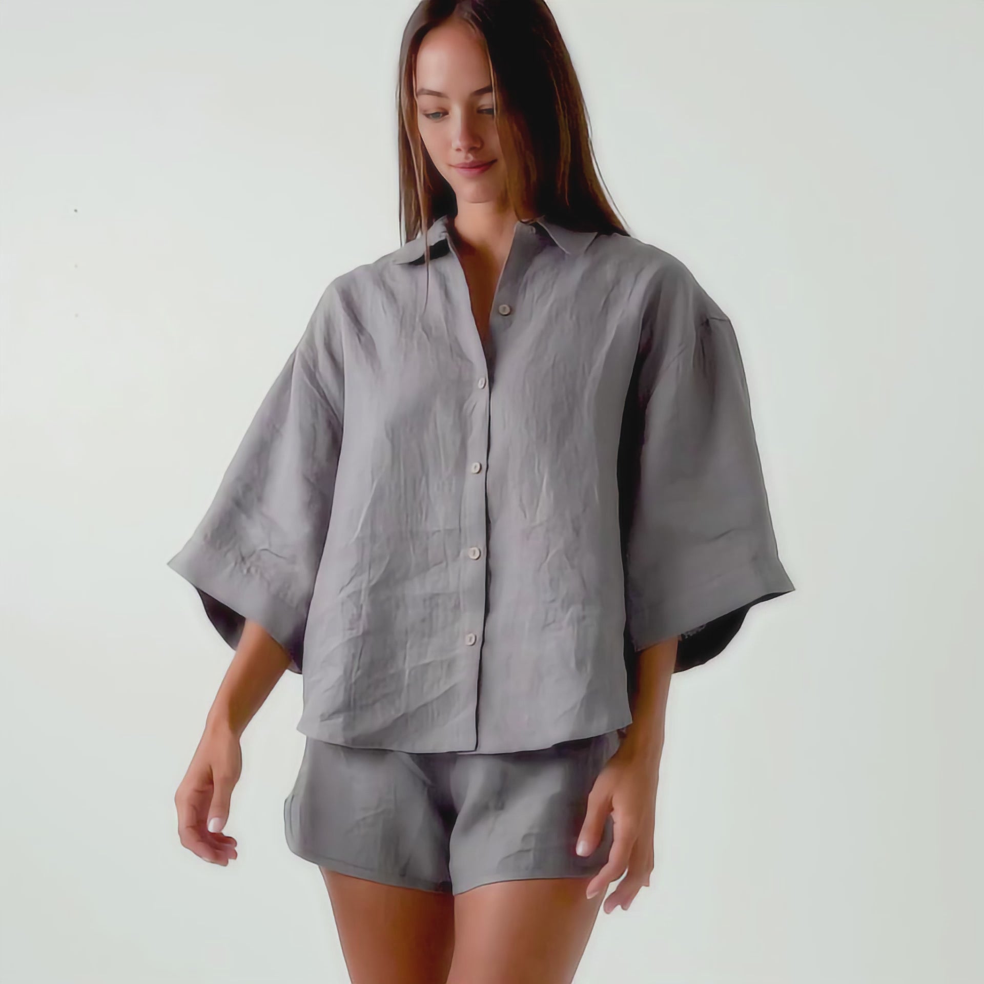 Load video: Linen Pajamas Women, Oversized Linen Shirt And Shorts Set
