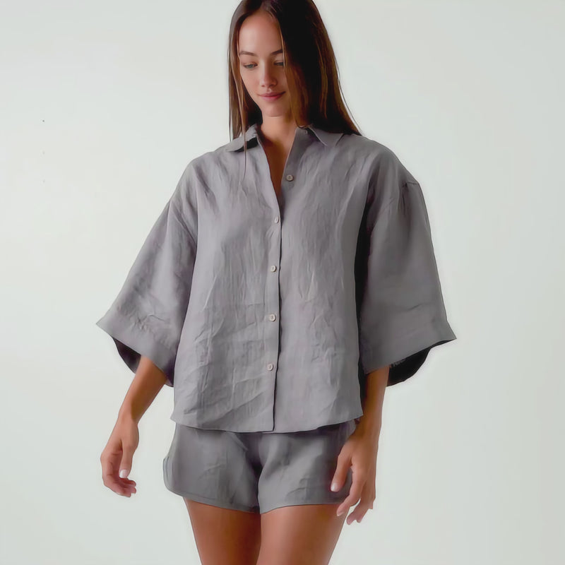 Linen Pajamas Women, Oversized Linen Shirt And Shorts Set